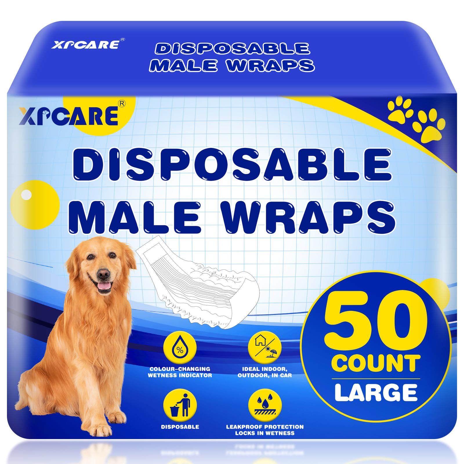 Xpcare 50 Count Disposable Male Dog Diapers, Male Dog Wraps,Super Absorbent Leak-Proof Fit (Large)