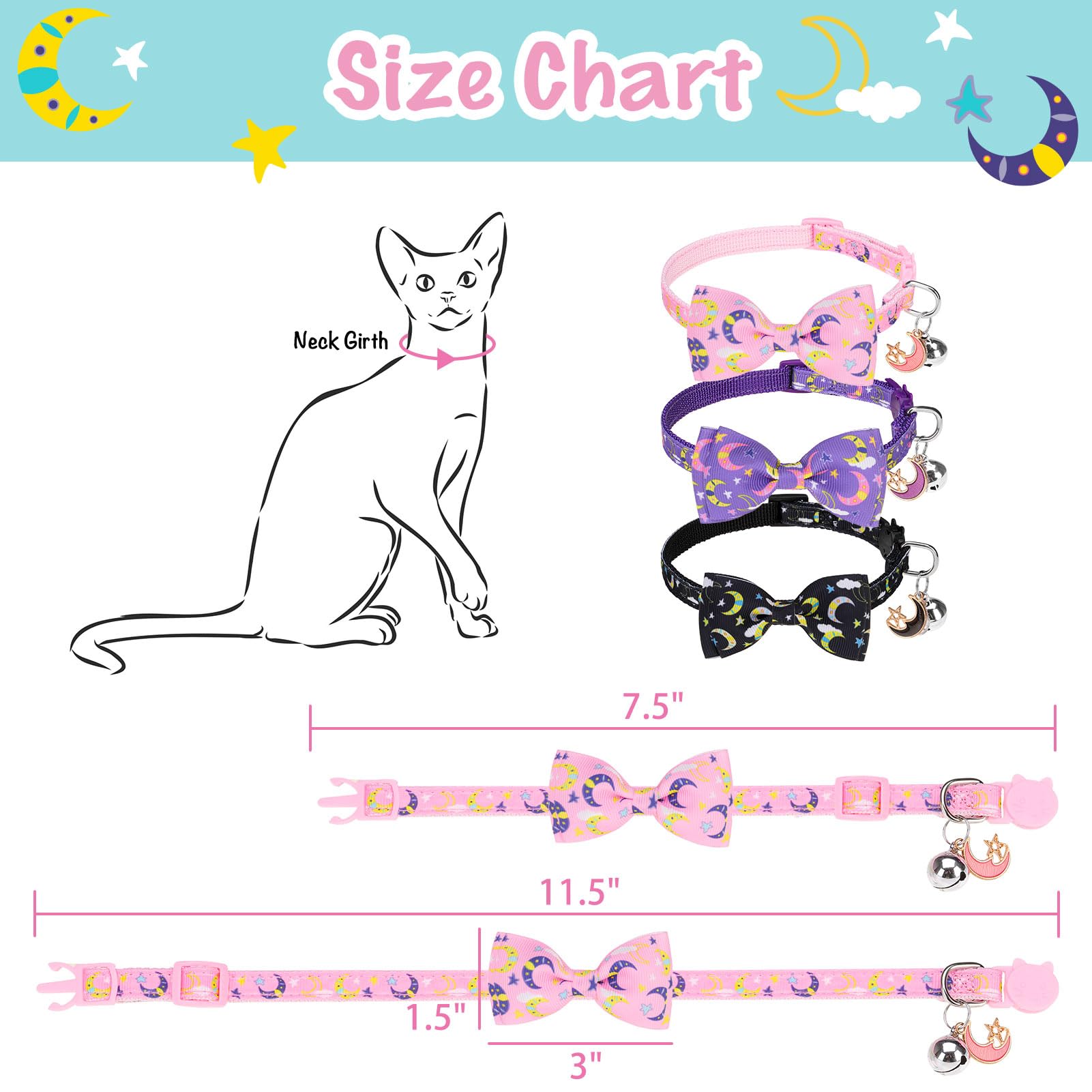 Scenereal Cat Collar Breakaway 3 Pack - Safety Kitten Collar With Bells Moons Stars Bowtie, Spring Summer Pet Accessory For For