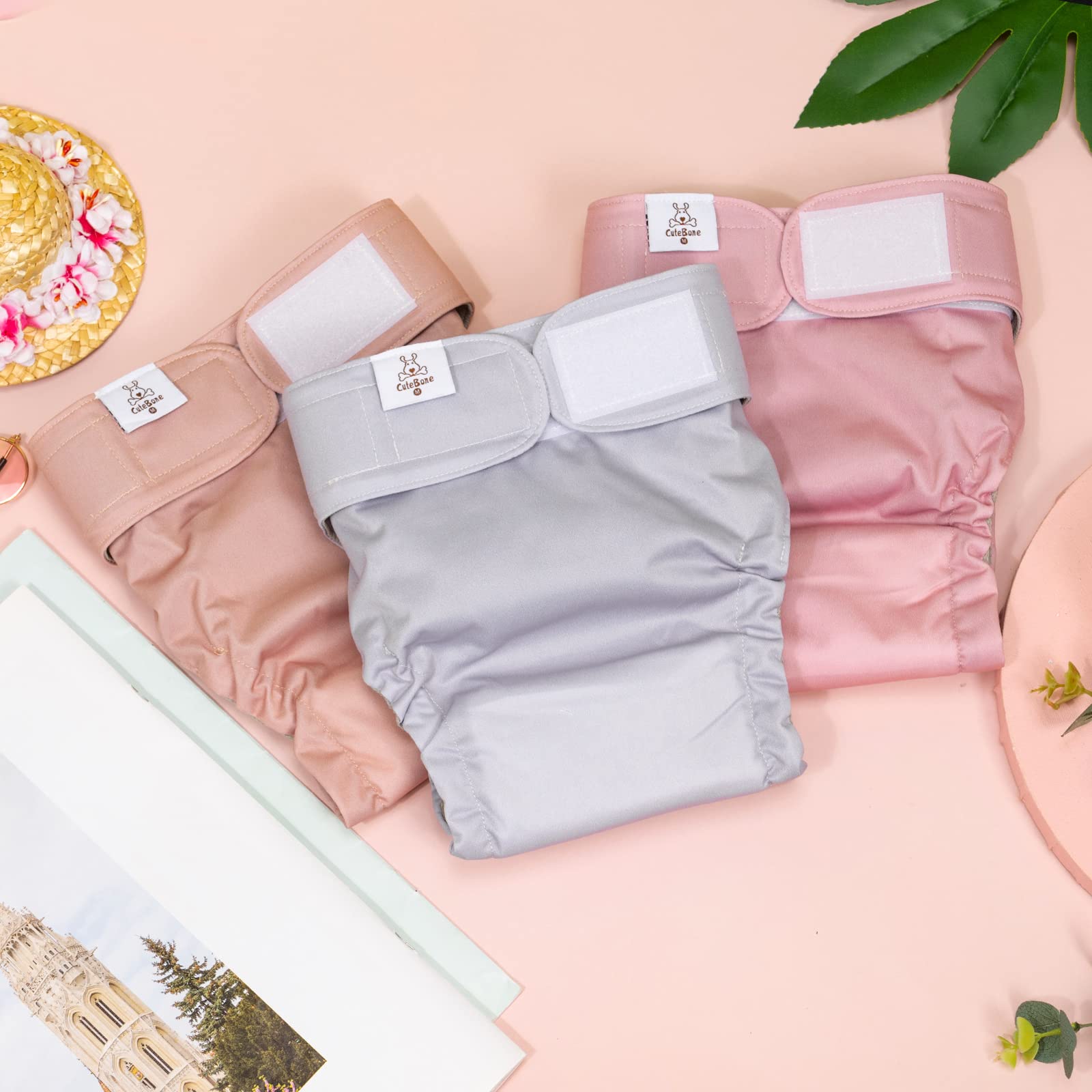 Cutebone Washable Dog Diapers Female No Tail Hole 3 Pack Reusable Doggie Period Training Pants For Docked-Tail Frenchie French Bulldog Boston Terrier Without Tail Wwd07M