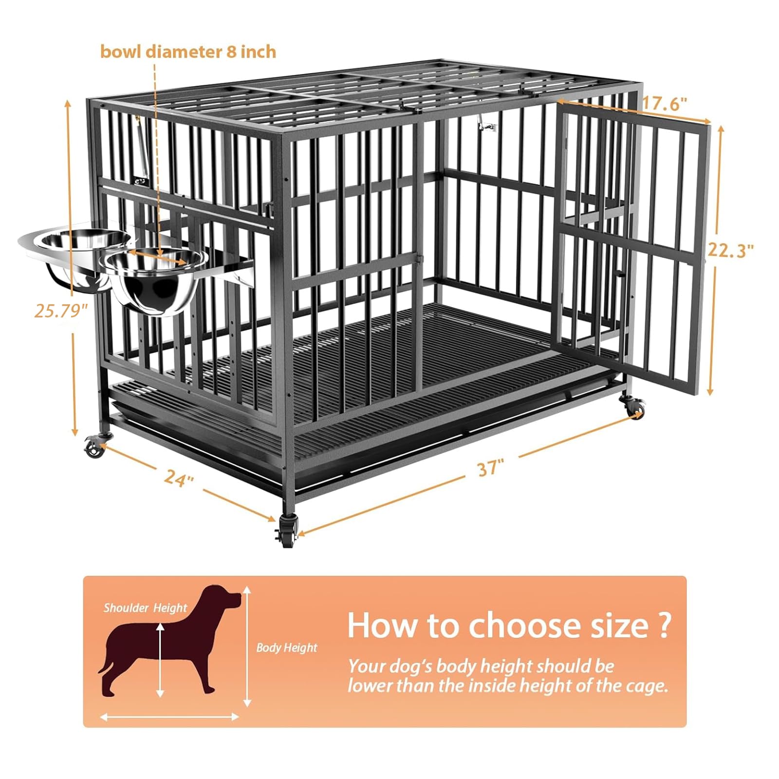 Lovmor 37'' Heavy Duty Dog Crate With Wheels/Unique Air Lift Rod / 360 & Adjustable 2 Bowls, Extra Small Dog Crate