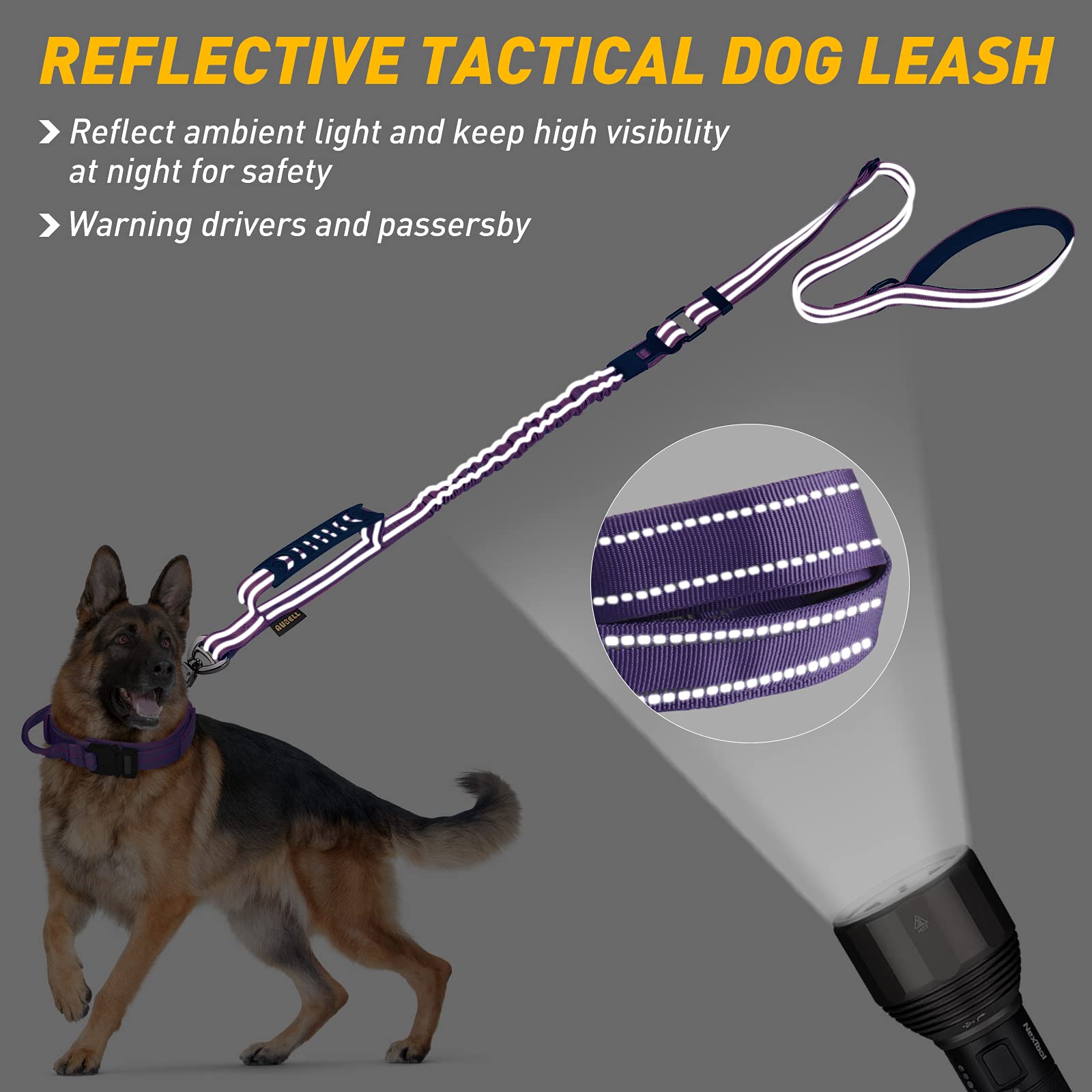 AUBELL Tactical Dog Leash Heavy Duty,4-6ft Reflective Strong No Pull Bungee Leash for Medium Large Dogs with Comfortable Padded