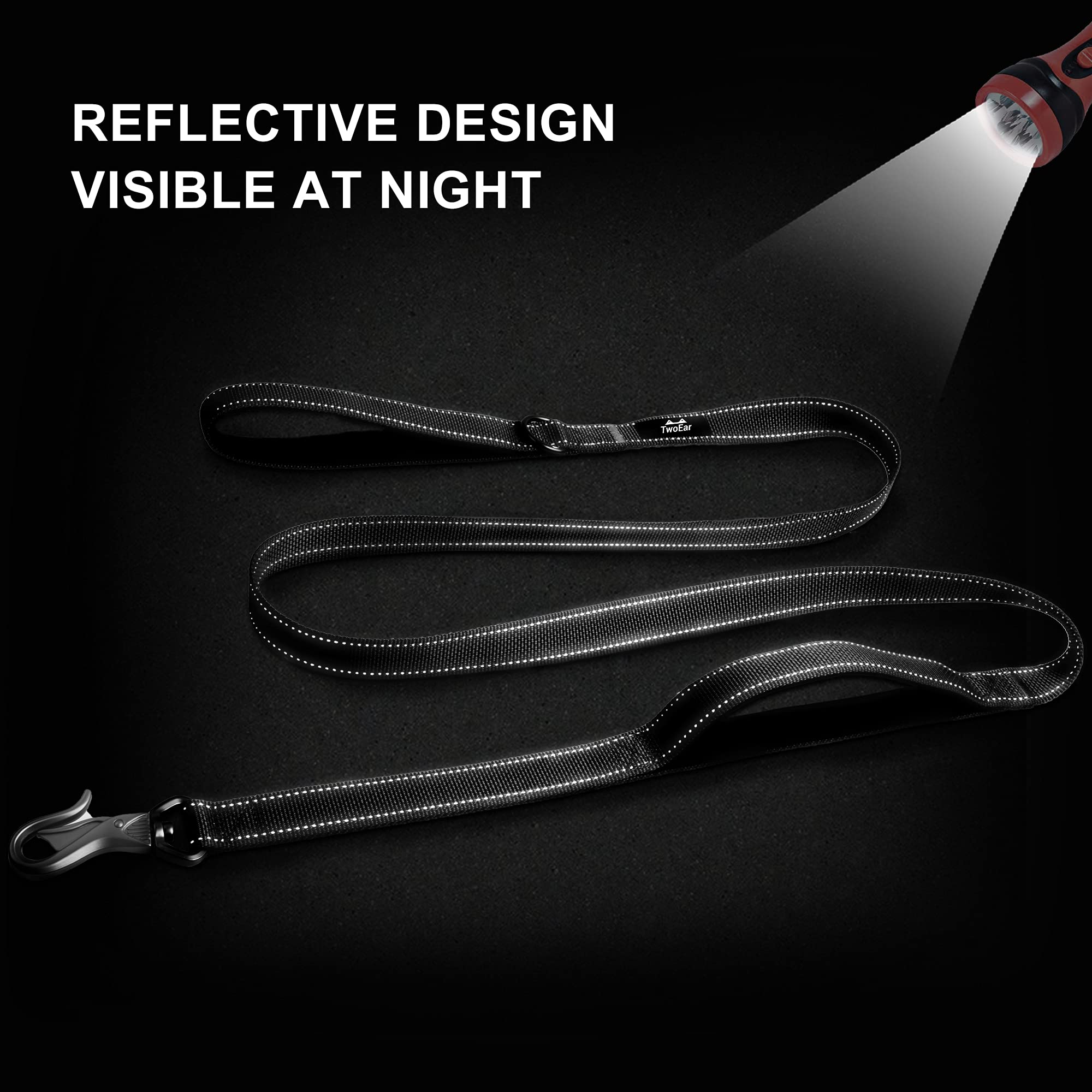 TwoEar Dog Leash - 4FT, 1IN, Black, Dual Padded Handles, Reflective, Auto Lock Hook for Small, Medium & Large Dogs