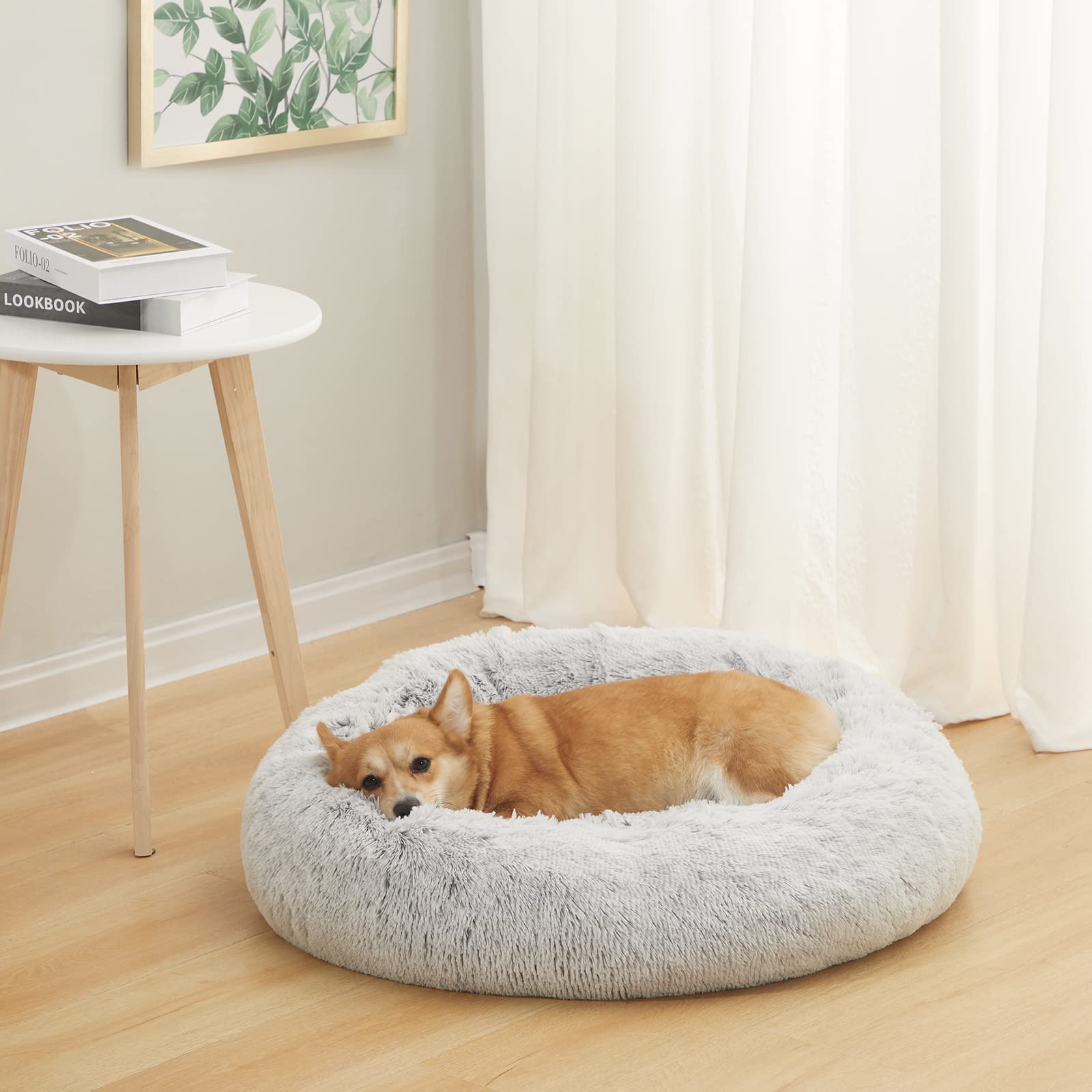 Bedfolks Calming Donut Dog Bed, 30 Inches Round Fluffy Dog Beds For Medium Dogs, Anti-Anxiety Plush Dog Bed, Machine Washable Pet Bed (Light Grey, Medium)