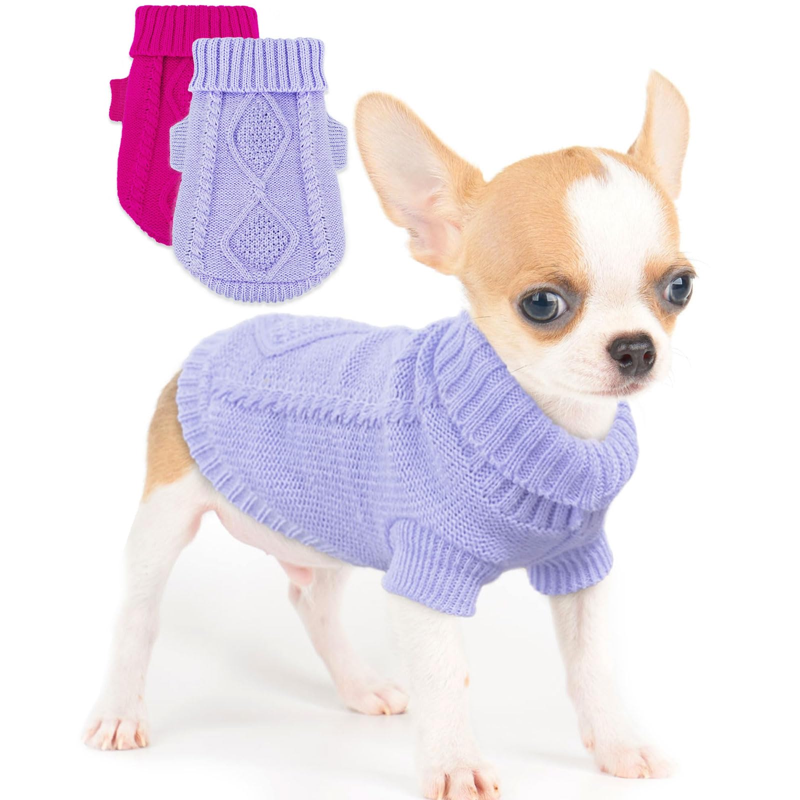 2 Pieces Chihuahua Clothes Small Dog Sweater, Spring Winter Cute Knitwear Turtleneck Thick Warm Clothes For Yorkie Cat Extra Sma