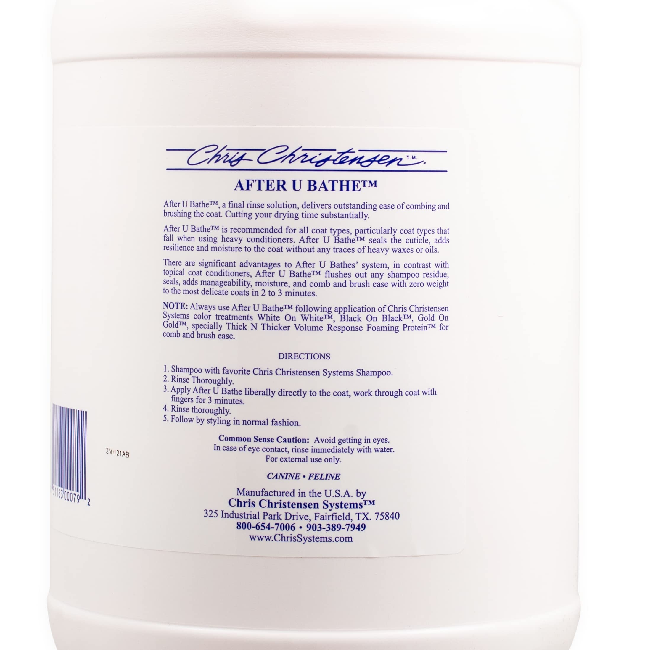 Chris Christensen After U Bathe Final Rinse Solution, 128 oz Gallon, Clear, Professional Grooming Formula, No Waxes/Oils, Made in USA