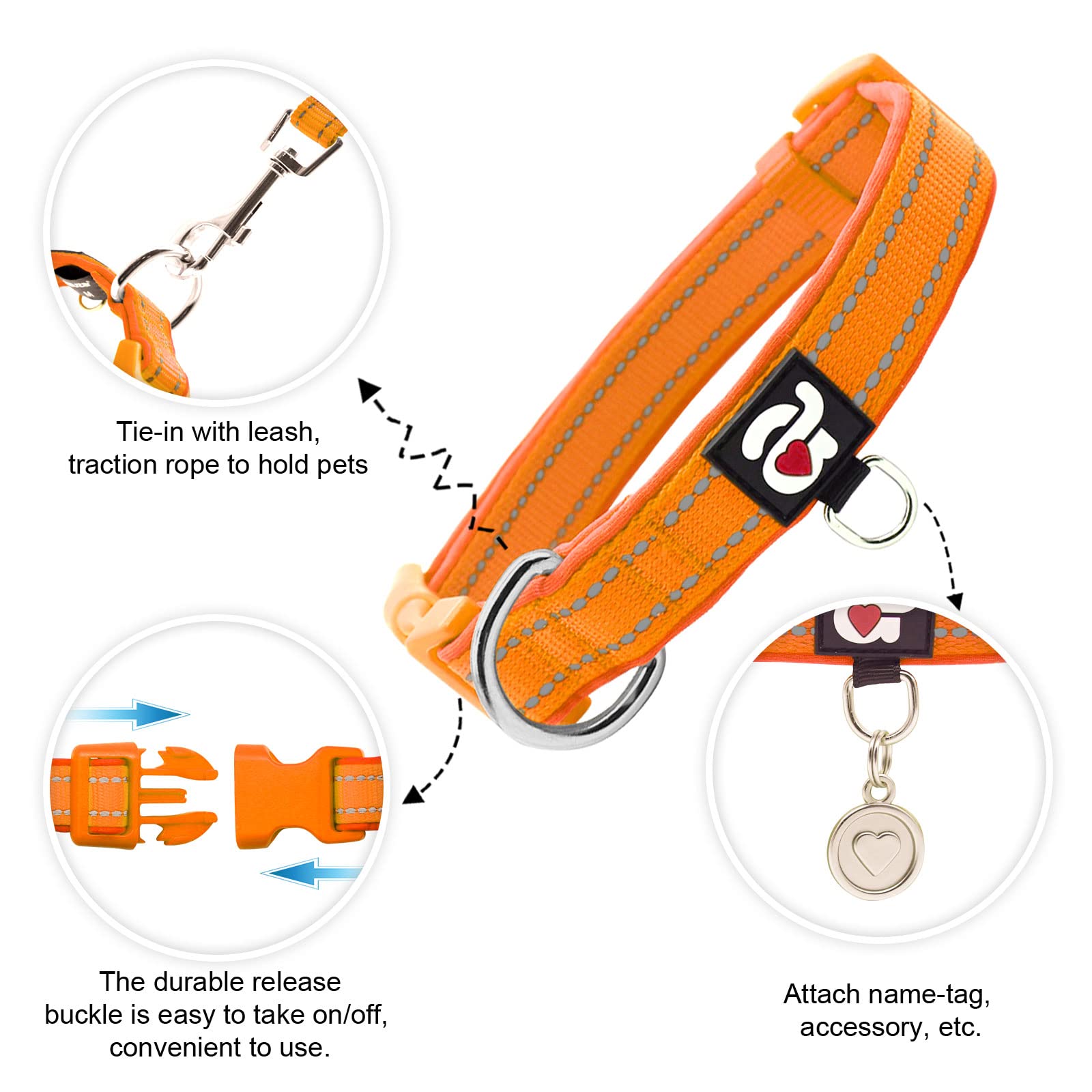 Azuza Reflective Dog Collar, Soft Neoprene Padded Pet Collar With Id Tag Ring, Adjustable For Large Dogs,Orange,L