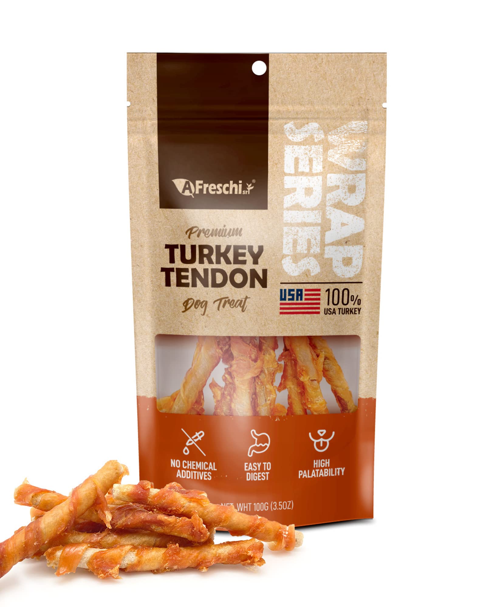 Afreschi Wrapped Turkey Tendon with Brown Rice Stick 3.5 oz, USA-Sourced Turkey Tendon, Dog Treats for Wrapped Series, All Natur
