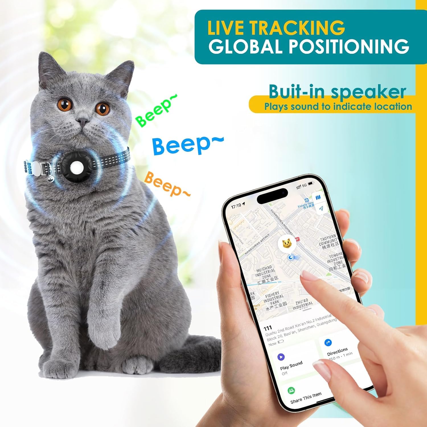 HONGTOP H Pet Tracker for Cats,GPS Cat Tracker,Smart Pet Location Tracker with Collar and Holder,Waterproof Cat GPS Tracker Trac