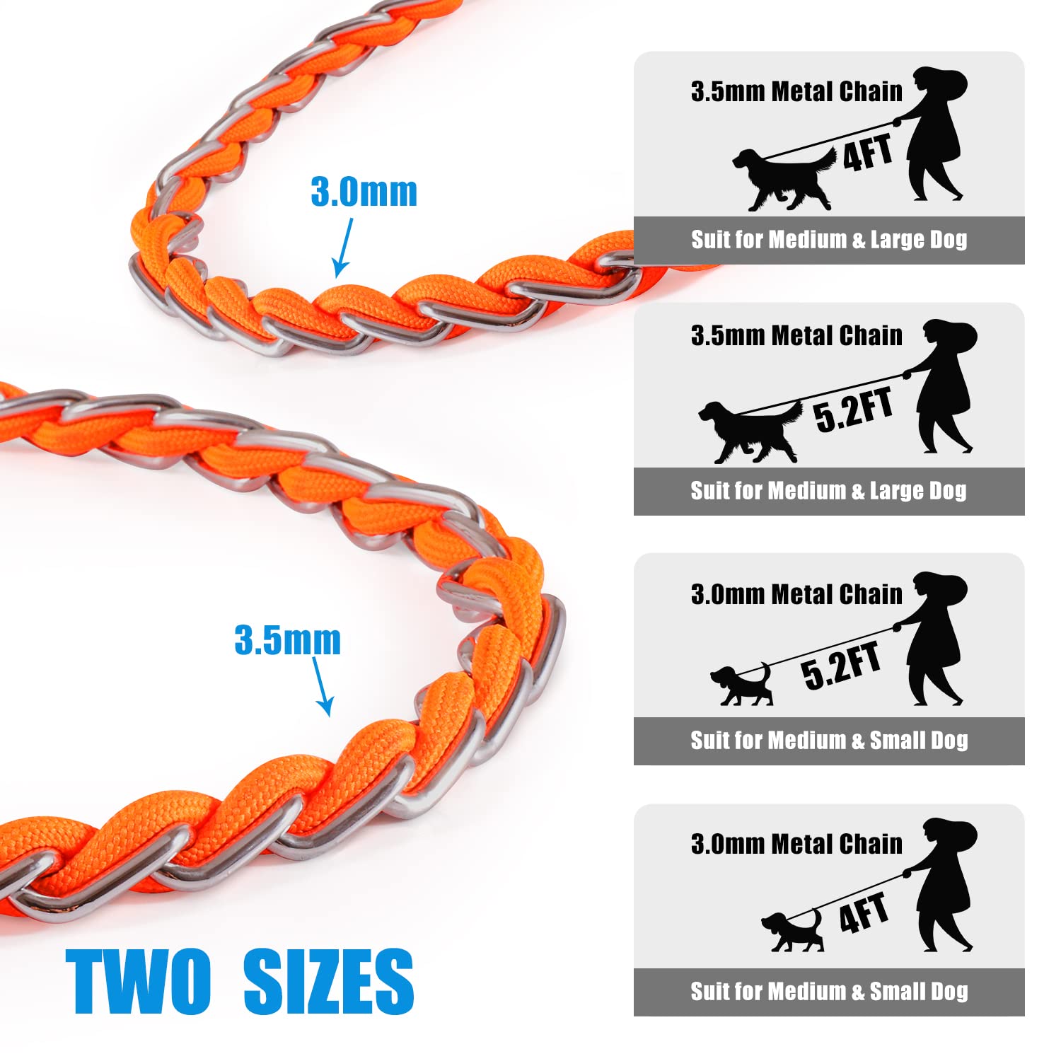 Chain Dog Leash Chew Proof Metal Leash For Medium Large Dogs, Chain Link Dog Leash Anti Chew 4Ft Strong Anti Bite Dog Leash Comfortable Soft Padded Handle Orange 3.0