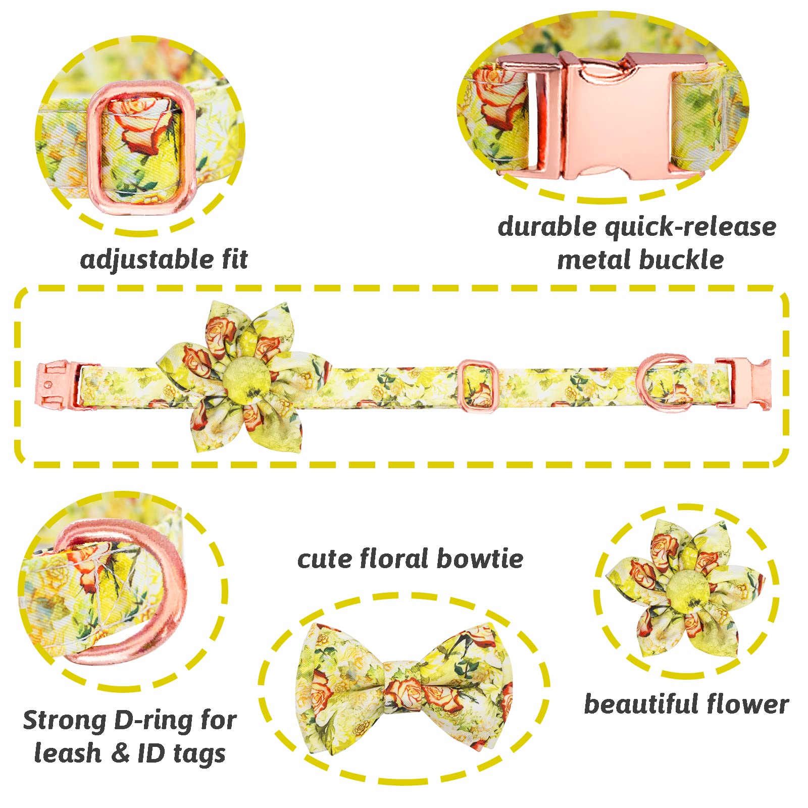 HSIGIO Dog Collar and Leash Set Girls Adjustable Puppy Collars with Floral Bow Tie for Small Medium Large Female Dogs, Yellow Ro