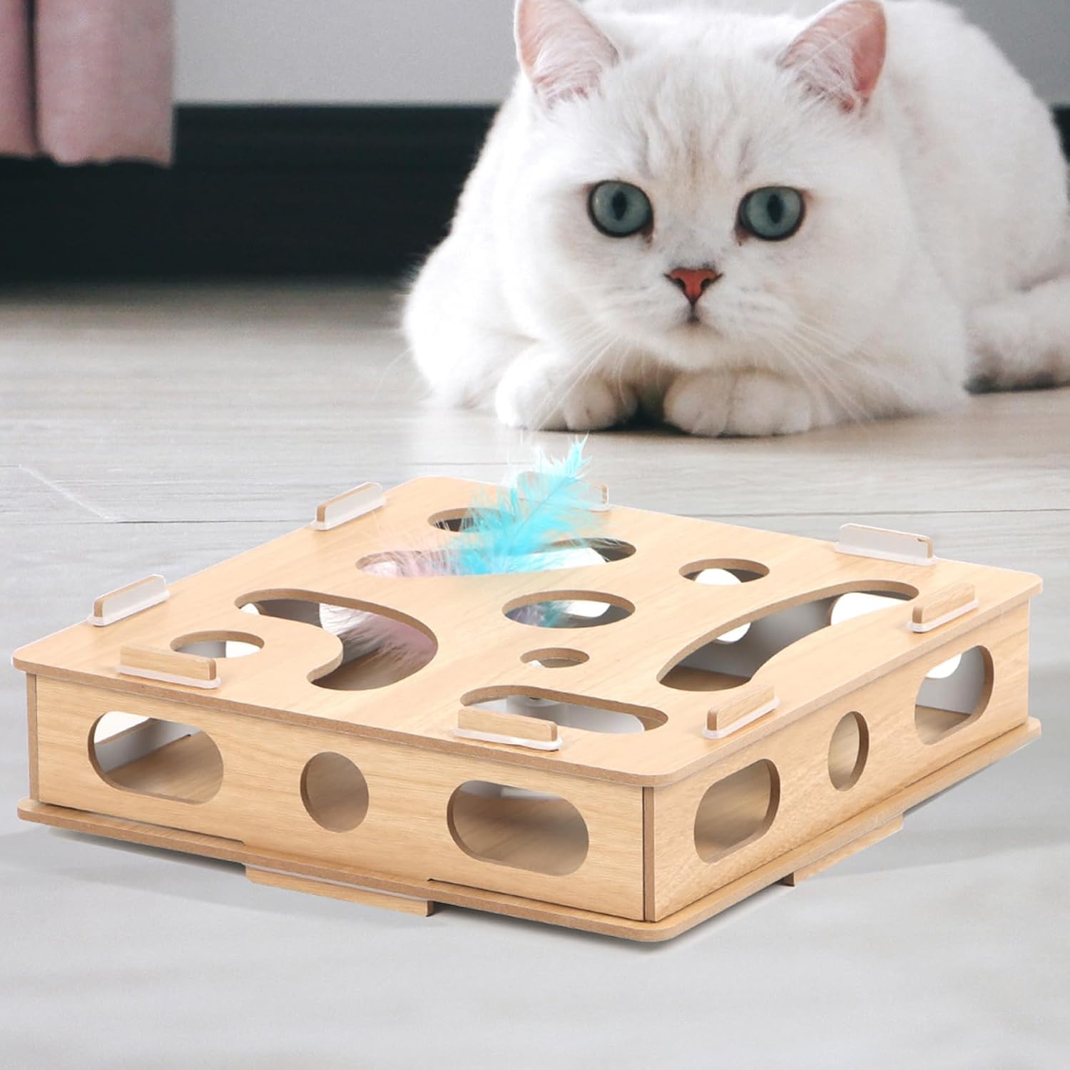Kimwina Interactive Puzzle Cat Toys For Indoor Cats: Cat Puzzle Toy Box With Electric Rotating Feather, Low-Noise Motor, Durable