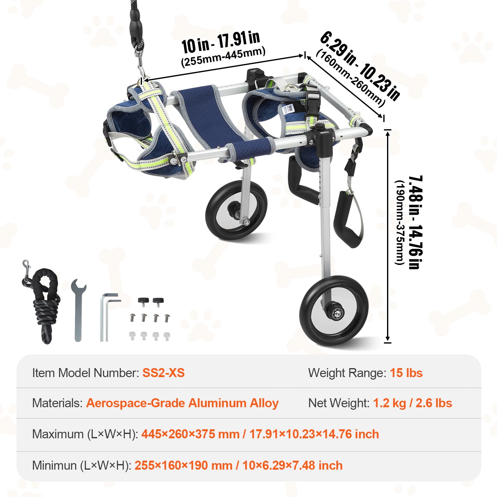 VEVOR 2 Wheels Dog Wheelchair for Back Legs, Pet Wheelchair Lightweight & Adjustable Assisting in Healing, Dog Cart/Wheelchair f