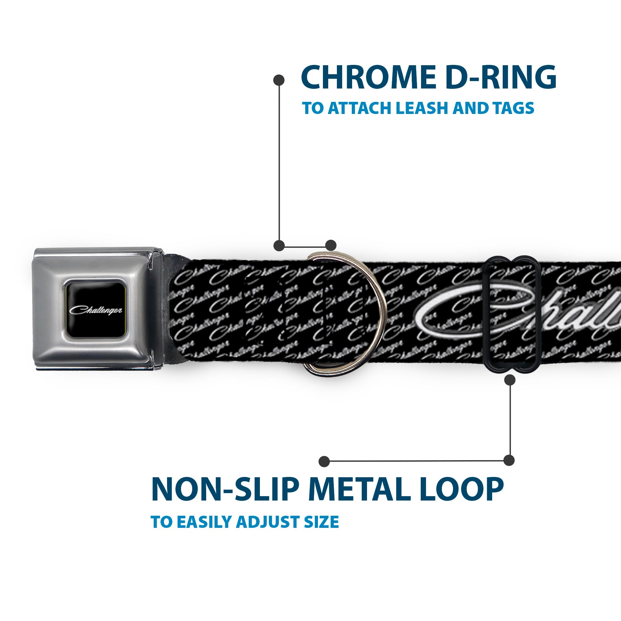 Buckle-Down Seatbelt Buckle Dog Collar - CHALLENGER Repeat w/Text Black/White - 1.5 Wide - Fits 16-23 Neck - Medium