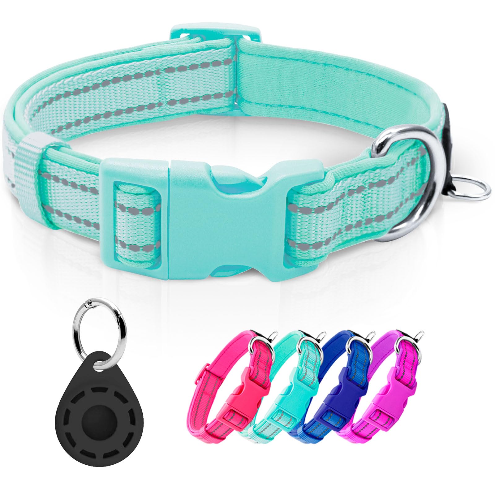 Azuza Reflective Dog Collar With Airtag Holder, Soft Neoprene Padded Pet Collar With Id Tag Ring, Adjustable For Small Dogs,Teal