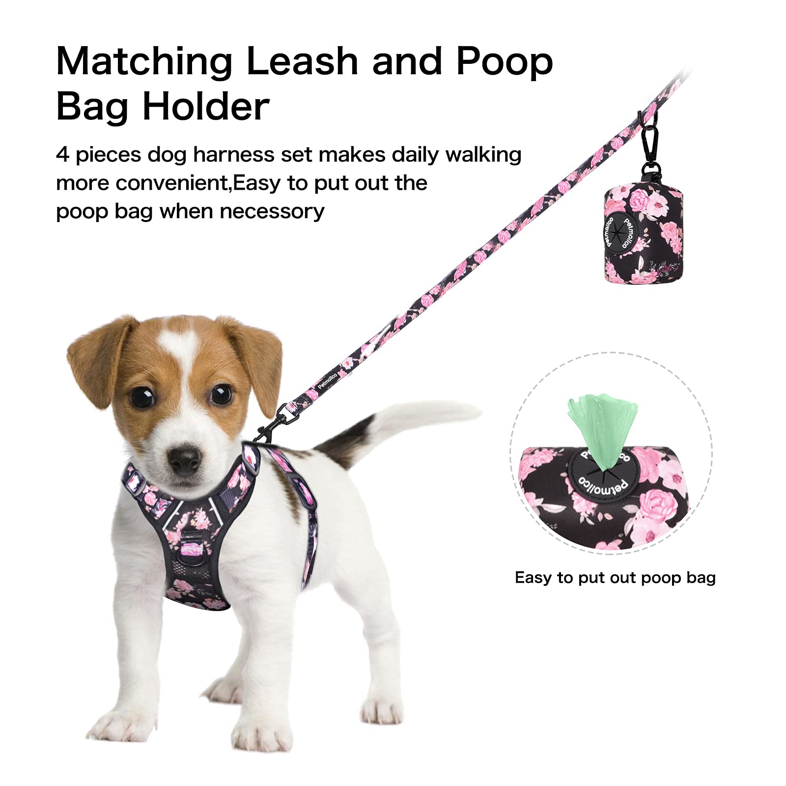 Petmolico Large Dog Harness Set, Reflective Vest Harness, 2 Leash Attachments, Rope Leash, Poop Bag Holder, Black with Pink Rose