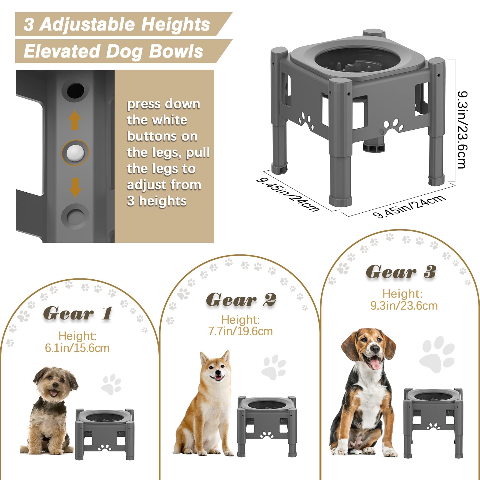 Lewondr Elevated Slow Feeder Bowls, Adjustable Dog Slow Feeder with 3 Heights (6.1, 7.7, 9.3) Non-Slip Stand for Medium Large Br