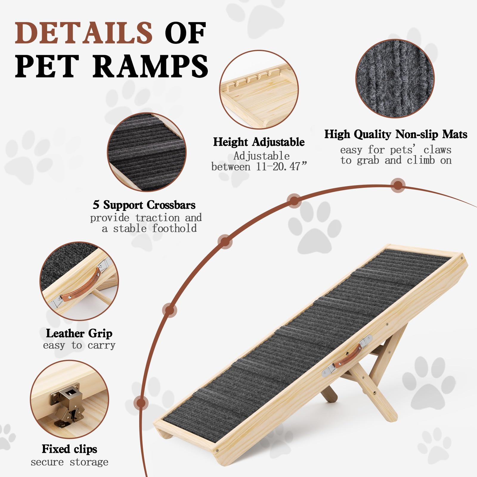 Chuiendi Dog Ramp For Couch, Wooden Pet Ramps 39.37'' Long Adjustable 11''-20.47'' Folding Puppy Ramps With High Traction Mat, D