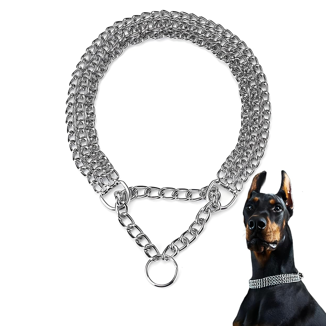 Dog Choker Chain, Heavy Duty Silver Triple Row Martingale Chain Dog Collars, Chew Proof Metal Cuban Link Dog Collar Adjustable F