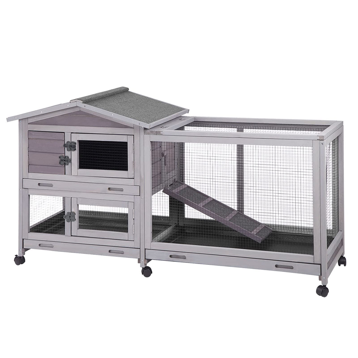 Aivituvin Rabbit Hutch Indoor 62' Rabbit Cage Outdoor Chicken Coop Guinea Pig Cage On Wheels Bunny Cage With 3 Deep No Leakage Pull Out Tray,Waterproof Roof (Grey)