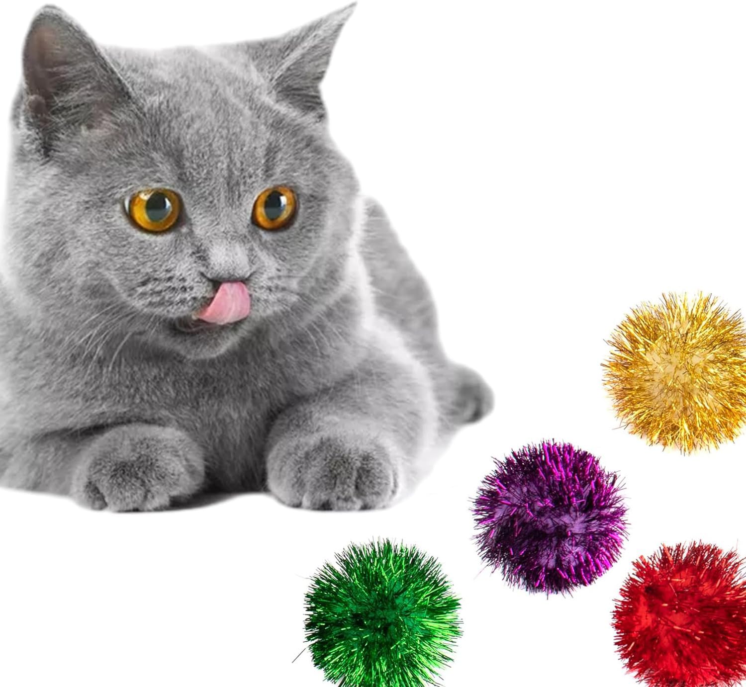 Auear, 12 Pack 2 Inch Sparkle Ball Shiny Tinsel Pom Poms Interactive Balls Cat For Kittens (4 Colors)