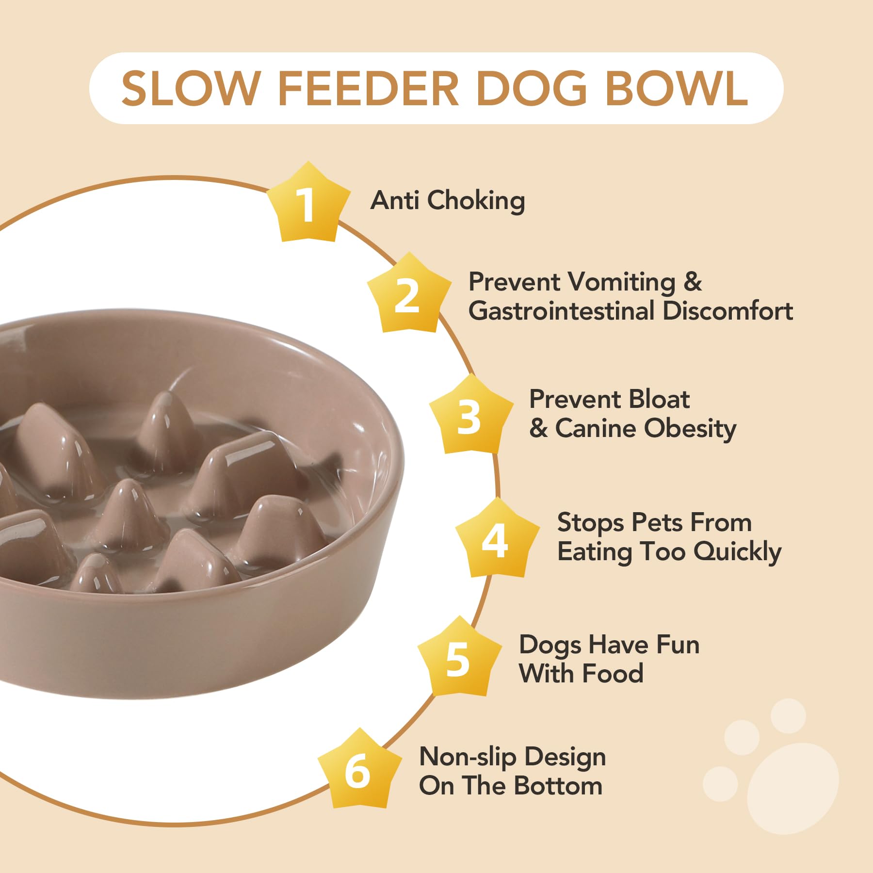 Havniva Ceramic 1.2 Cup Dog Bowl Slow Feeder, 7.3 inch Slow Pet Food Dish for Medium and Small Dog, Stop Bloat, Stop Bloat, Prev