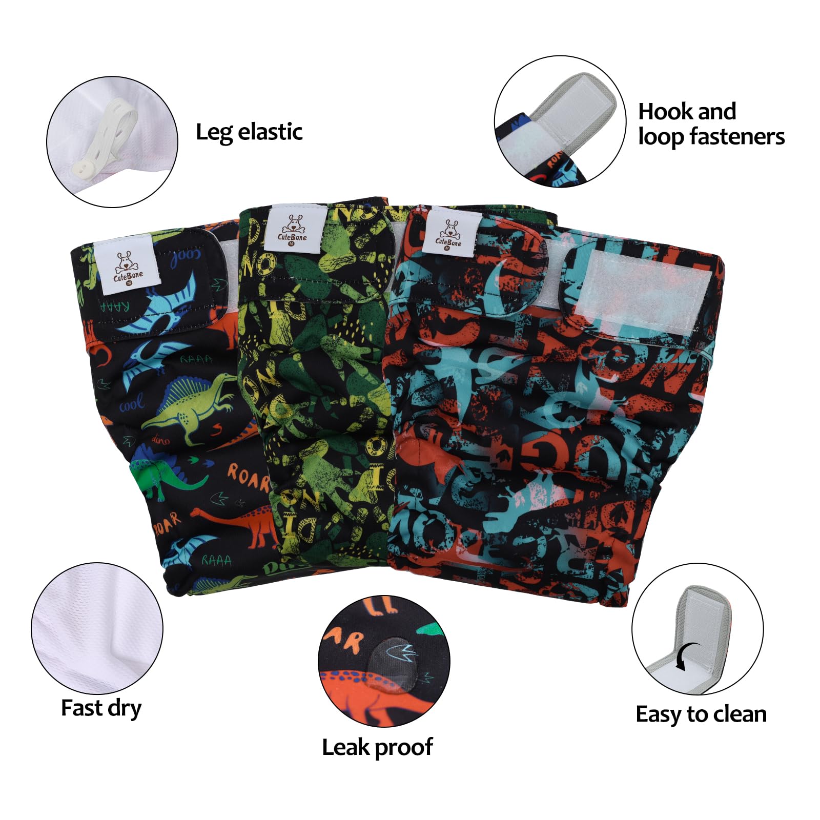 Cutebone Washable Dog Diapers Female Without Tail Hole 3 Pack Reusable Doggie Period Training Pants For Docked-Tail Dogs - Frenc