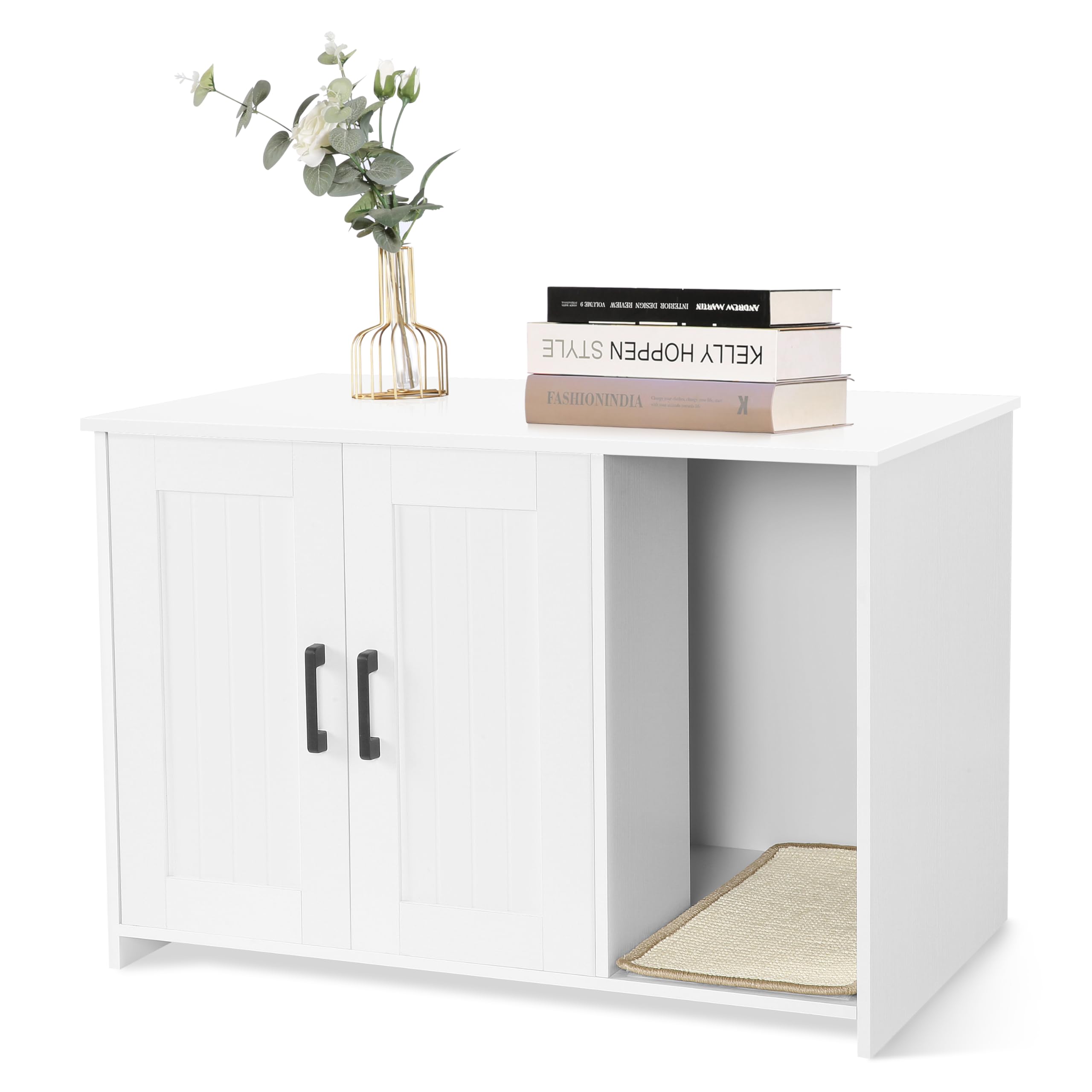 Dwanton Litter Box Enclosure, Cat Litter Box Furniture Hidden, with Scratching Mat, Wooden Cat Washroom Indoor, 31.5 L x 19.7 W 