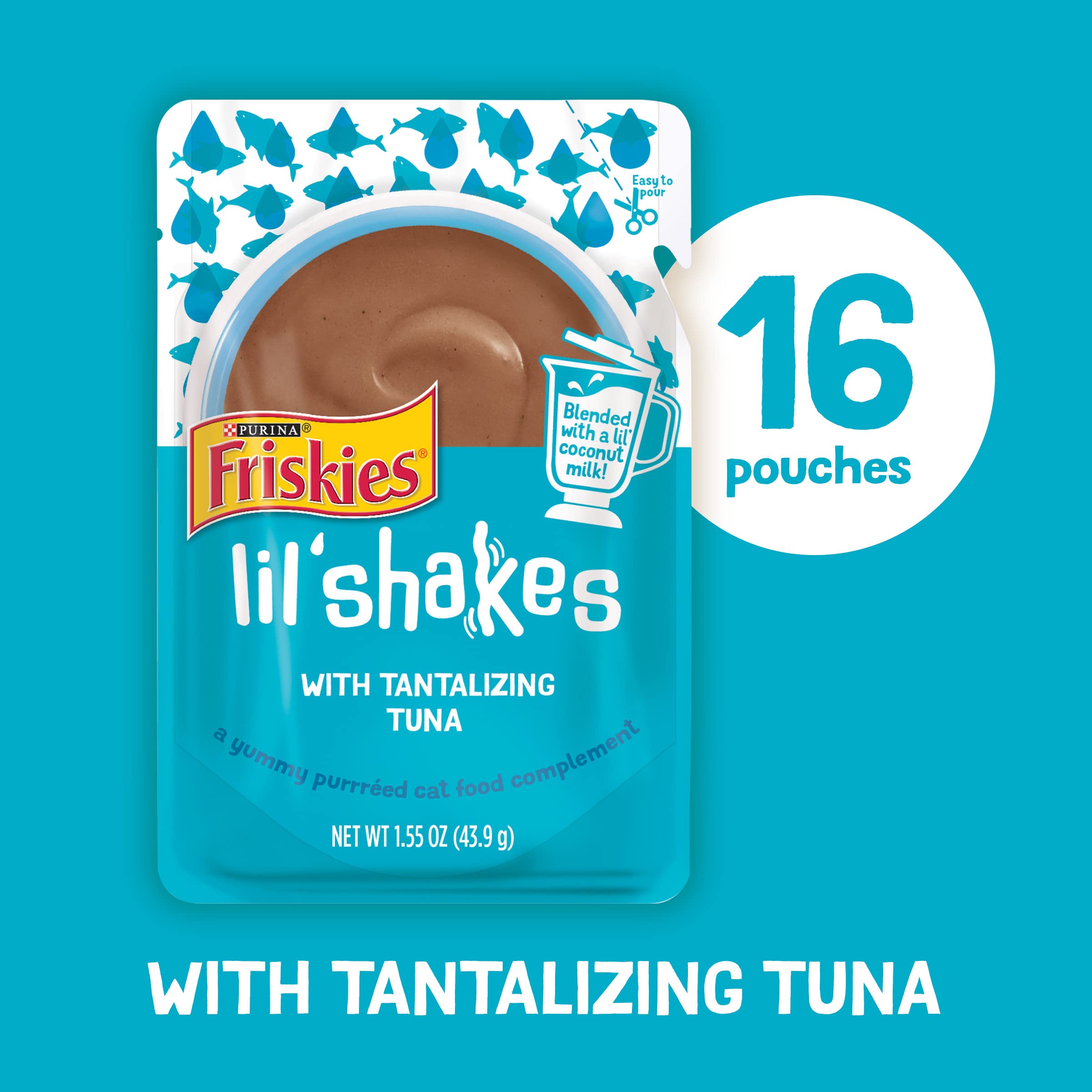 Purina Friskies Pureed Cat Food Topper, Lil Shakes With Tantalizing Tuna Lickable Cat Treats - (Pack of 16) 1.55 oz. Pouches