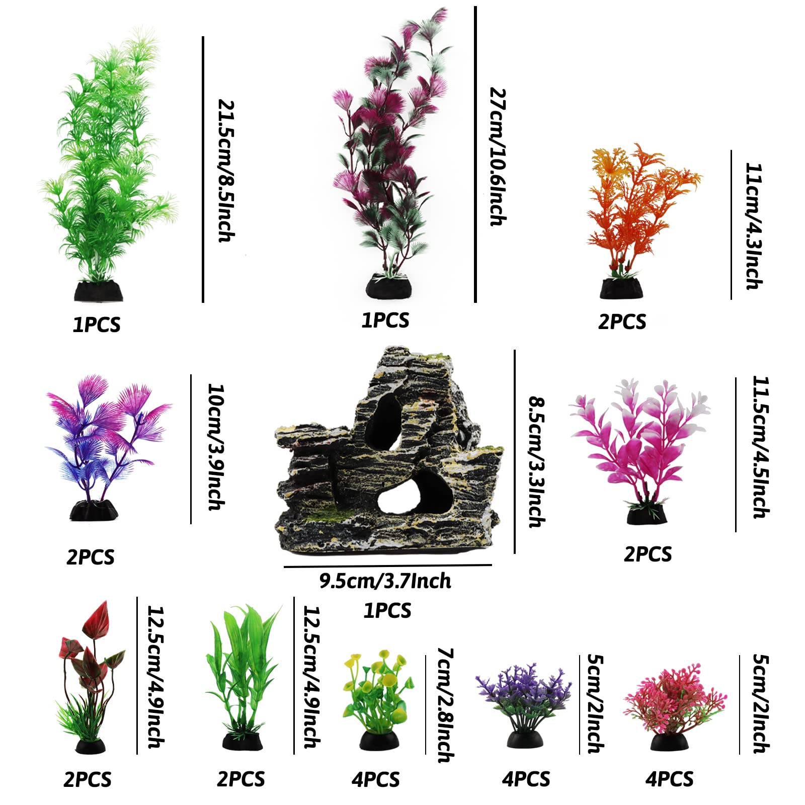 Pietypet Aquarium Decorations Plants With Rockery View, 25Pcs Aquarium Decor Plants And Rock Cave Hideout Ornaments, Fish Tank A