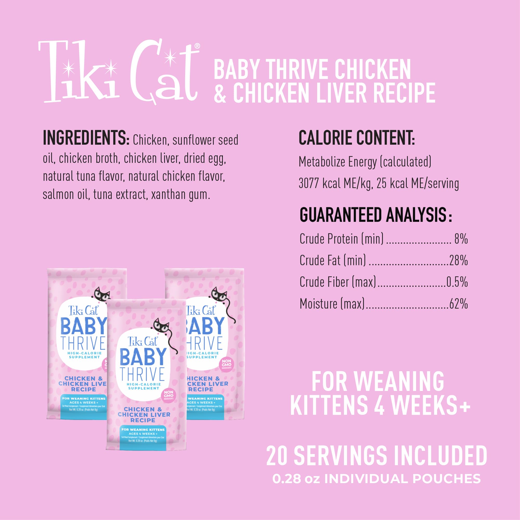 Tiki Cat Baby Thrive, Chicken & Chicken Liver, High-Protein & Flavorful, Wet Cat Food for Kittens 4 Weeks+, 5.6 oz. Pouches (Pac