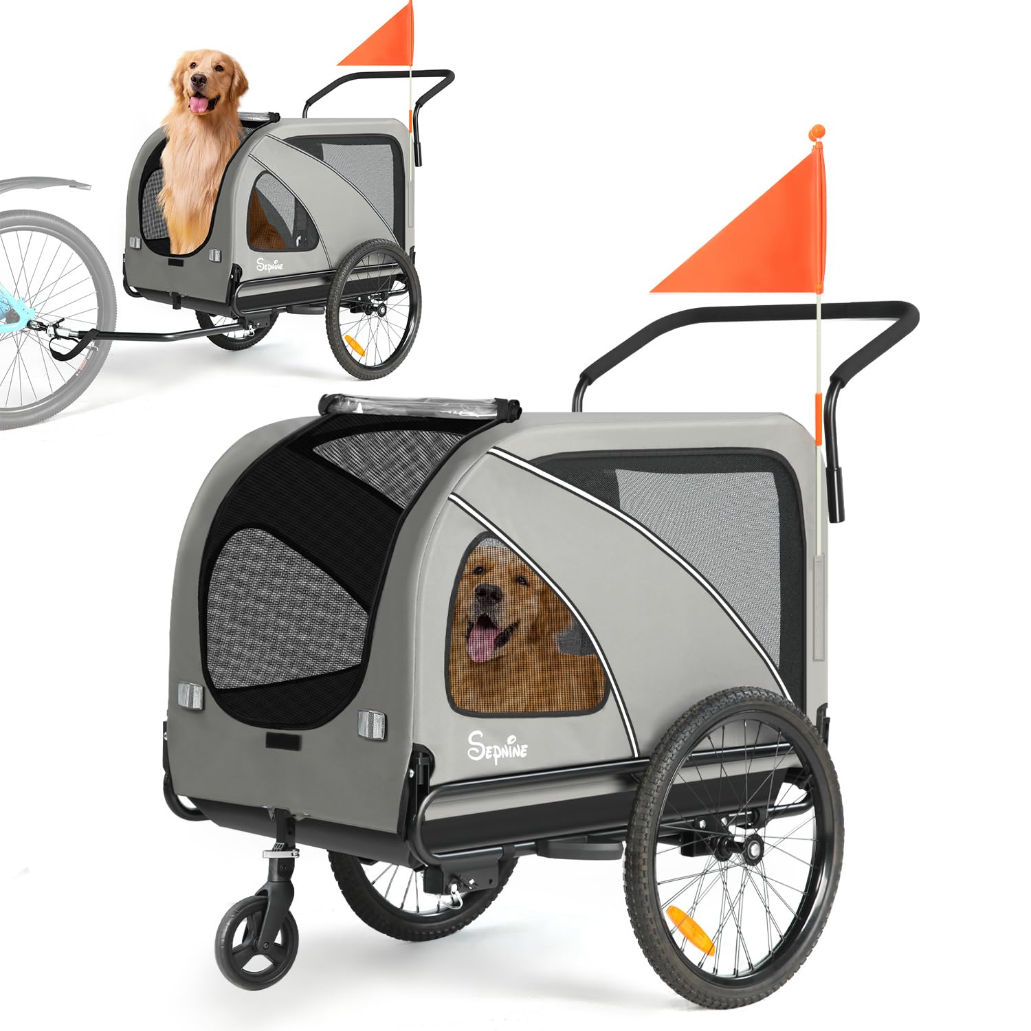 Sepnine Dog Bike Trailer, Supports up to 88 lbs, 2-in-1 Pet Stroller Cart Bicycle Carrier, Easy Folding Cart Frame with Quick Re