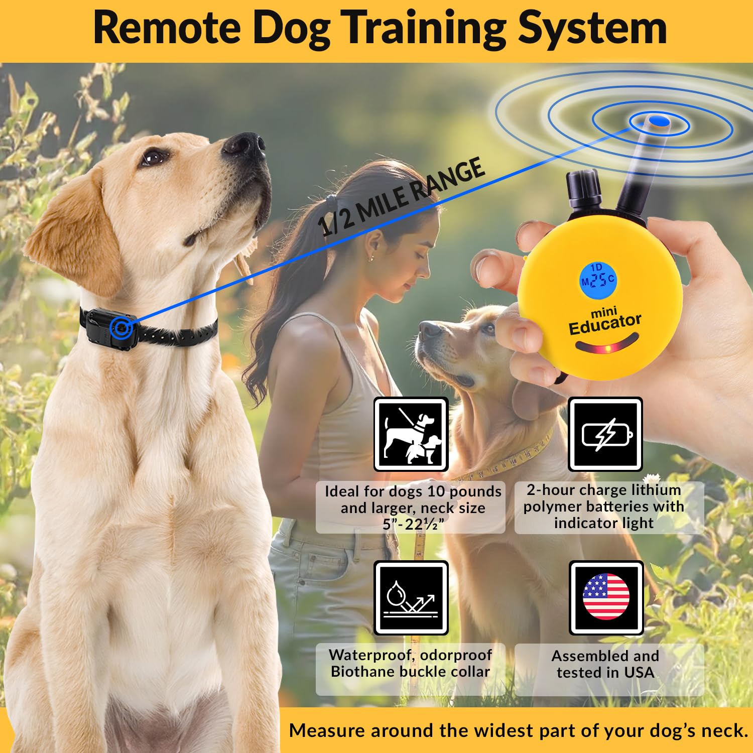Educator E-Collar Humane Dog Training Collar With Remote, 100 Safe Tapping Stimulation Levels, Night Light, Waterproof, Rechargeable, 1/2 Mile 1 Small-Medium Dog, Yellow
