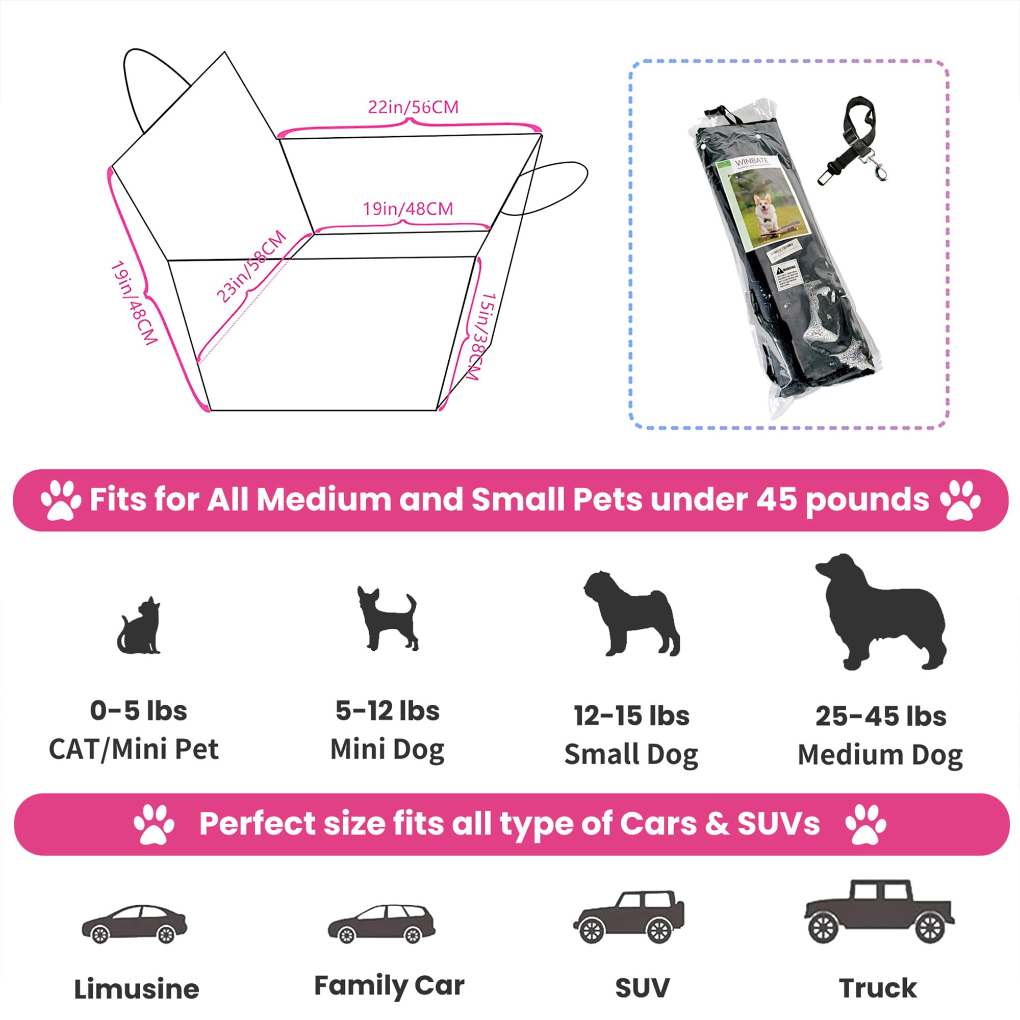 Winbate Dog Car Seat Medium Size Dogs For Car, Scratchproof Waterproof Sturdy Rear Dog Booster Seat Large Dog, Dog Hammock With Dog Leash Pockets For Suvs, Cars And Trucks Travel,19' X 23'X 19'