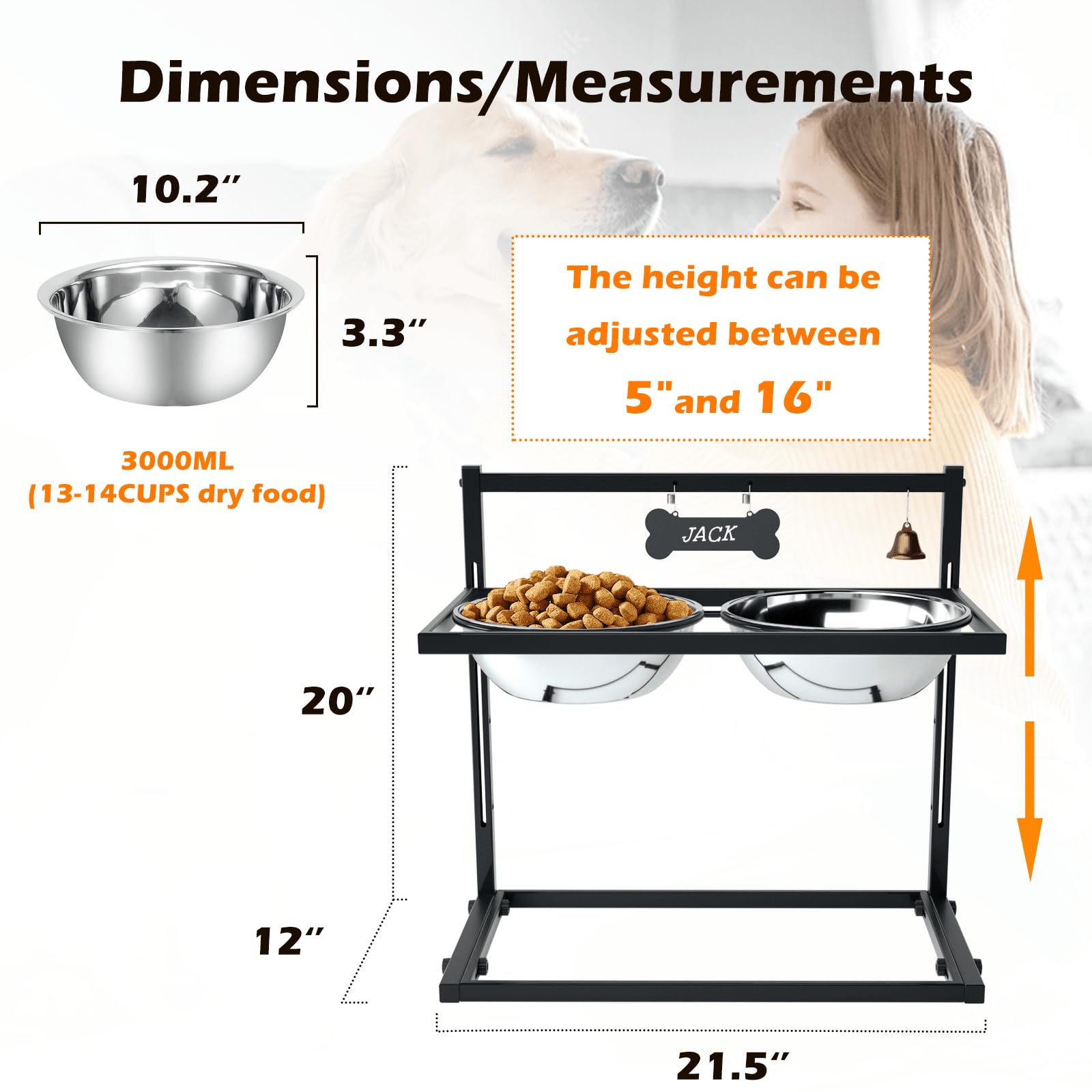 SHAINFUN Elevated Dog Feeder for Large Breeds, Adjustable Height Raised Dog Bowl Stand with 3000ML Stainless Steel Bowls