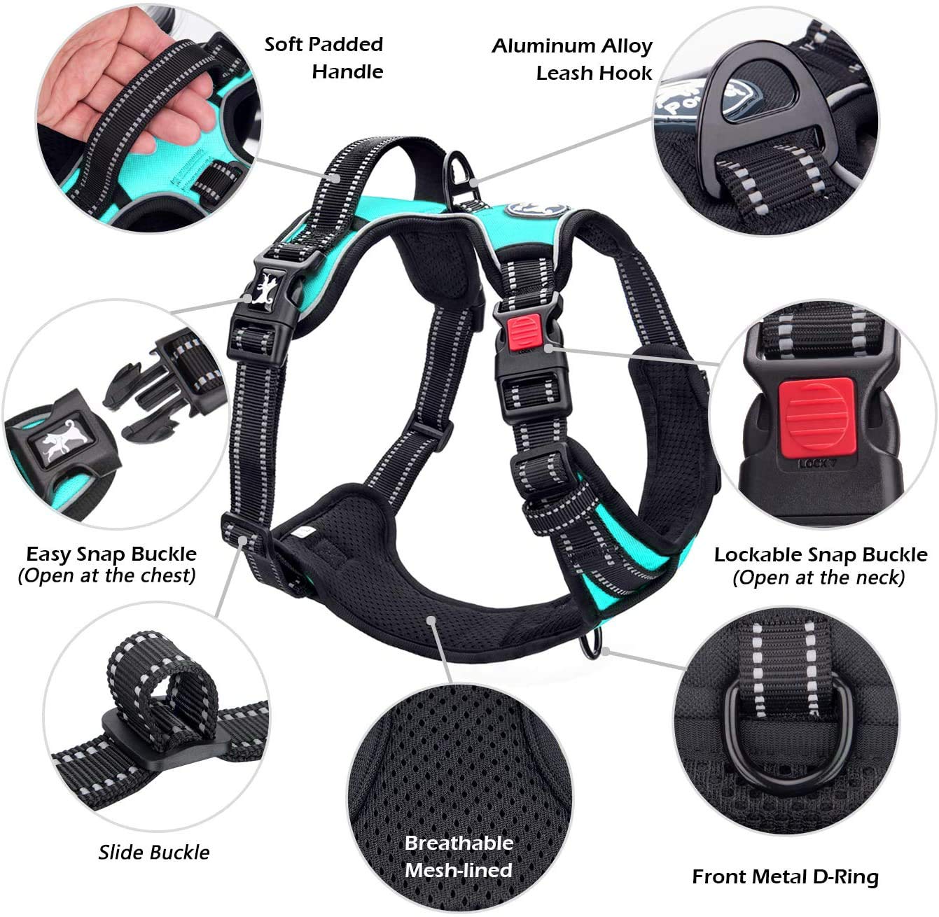Poypet No Pull Dog Harness, No Choke Front Lead Dog Reflective Harness, Adjustable Soft Padded Pet Vest With Easy Control Handle For Small To Large Dogs(Mint Blue,Xs)