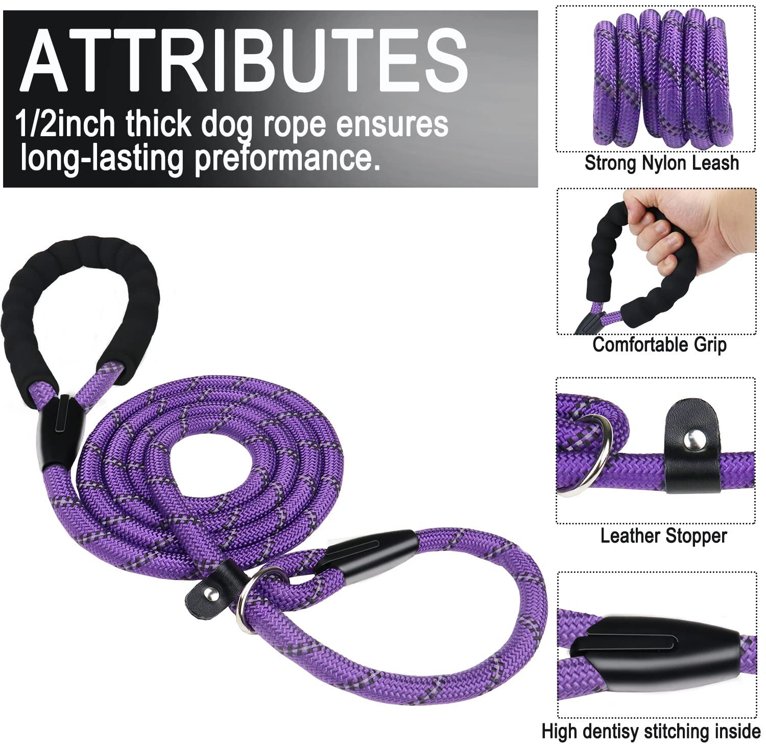 Dog Rope Leash, Strong Dog Leash, Premium Quality Training Dogs Leashes With Comfortable Padded Handle And Highly Reflective Thr