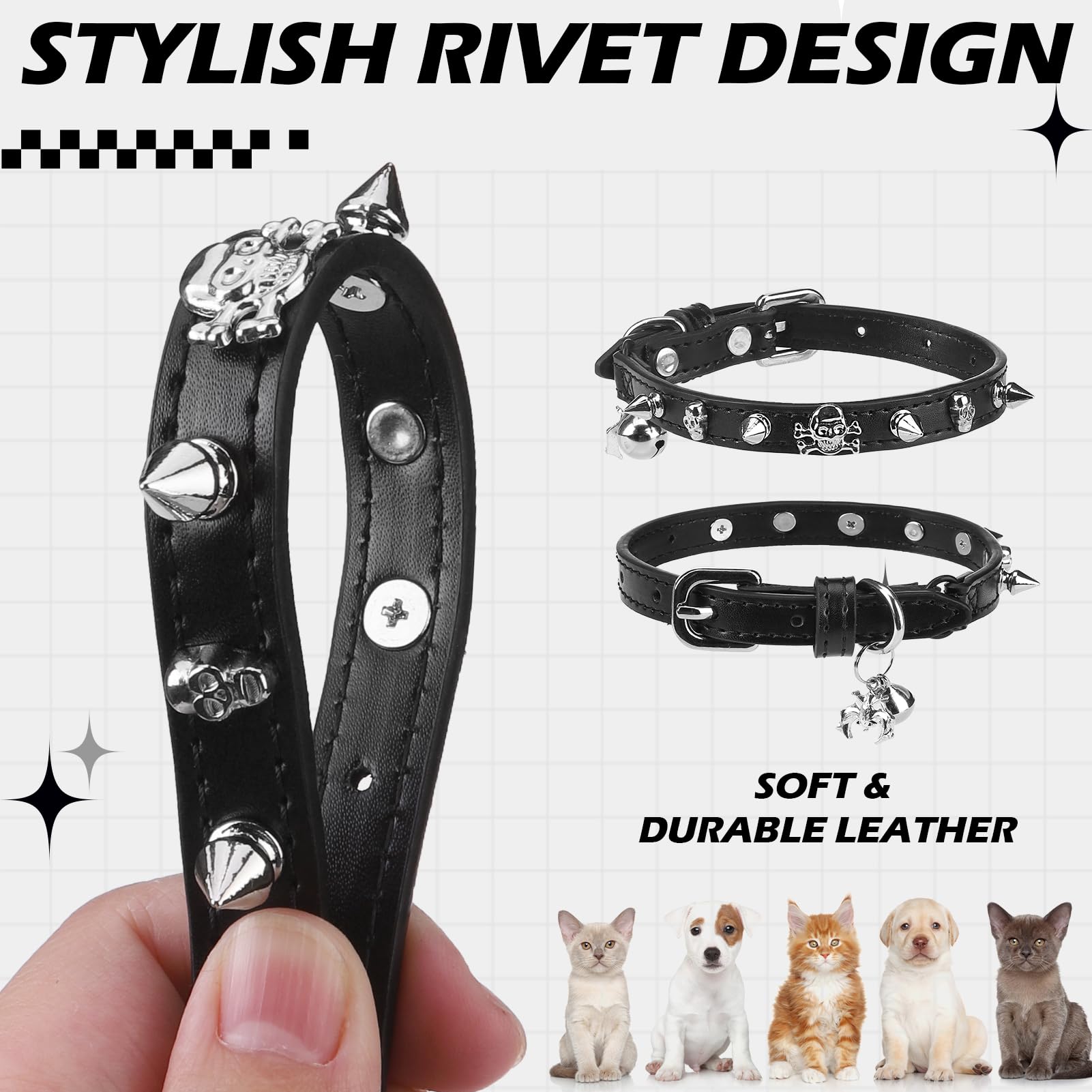 Expawlorer Halloween Leather Cat Collar - Adjustable Pet Collar With Rivet Spike For Girl Boy Cats, Punk Accessories With Bell &