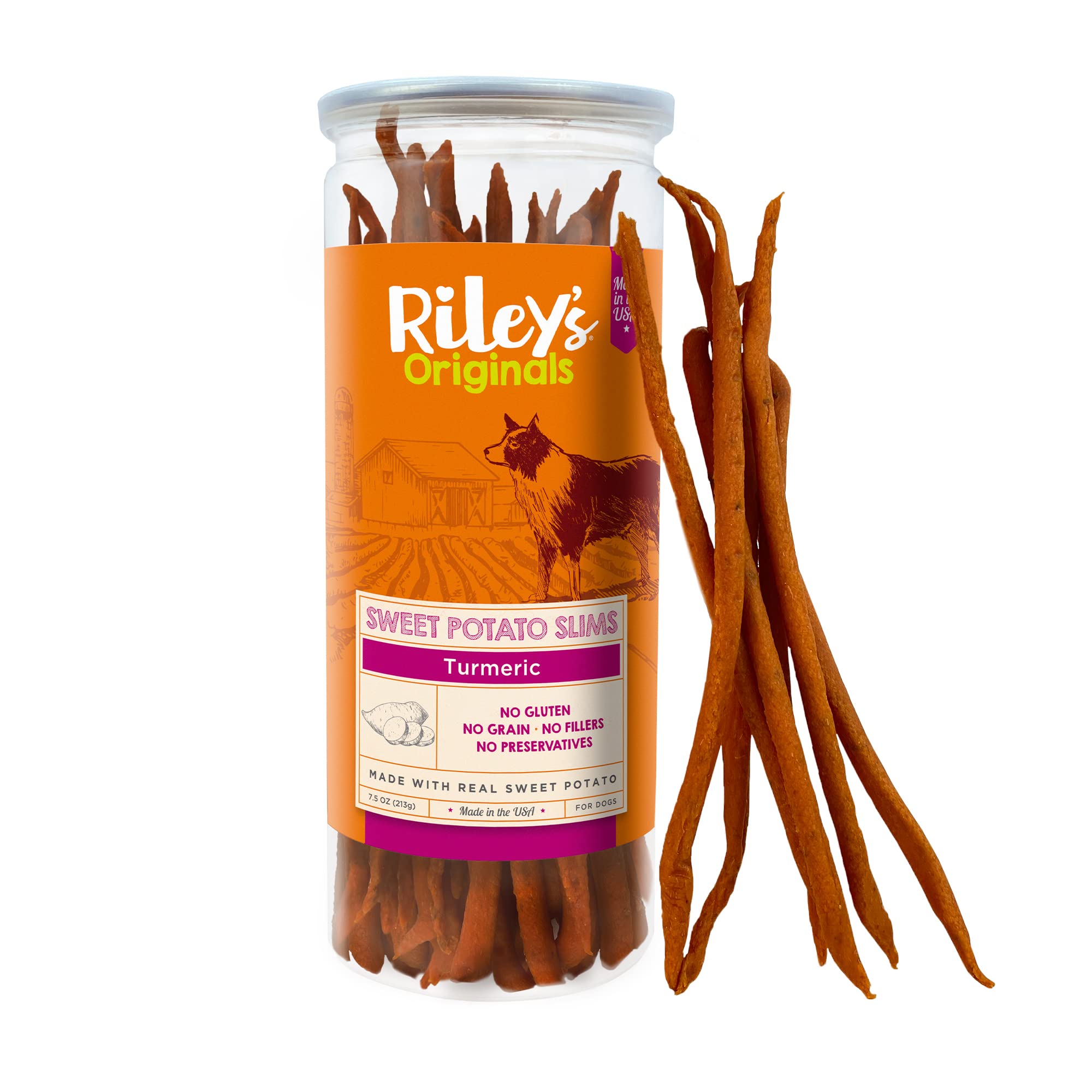 Rileys Slims Dried Sweet Potato Dog Treats - Dehydrated Chews with Turmeric - Limited Ingredient USA Sourced Sweet Potato - Mad