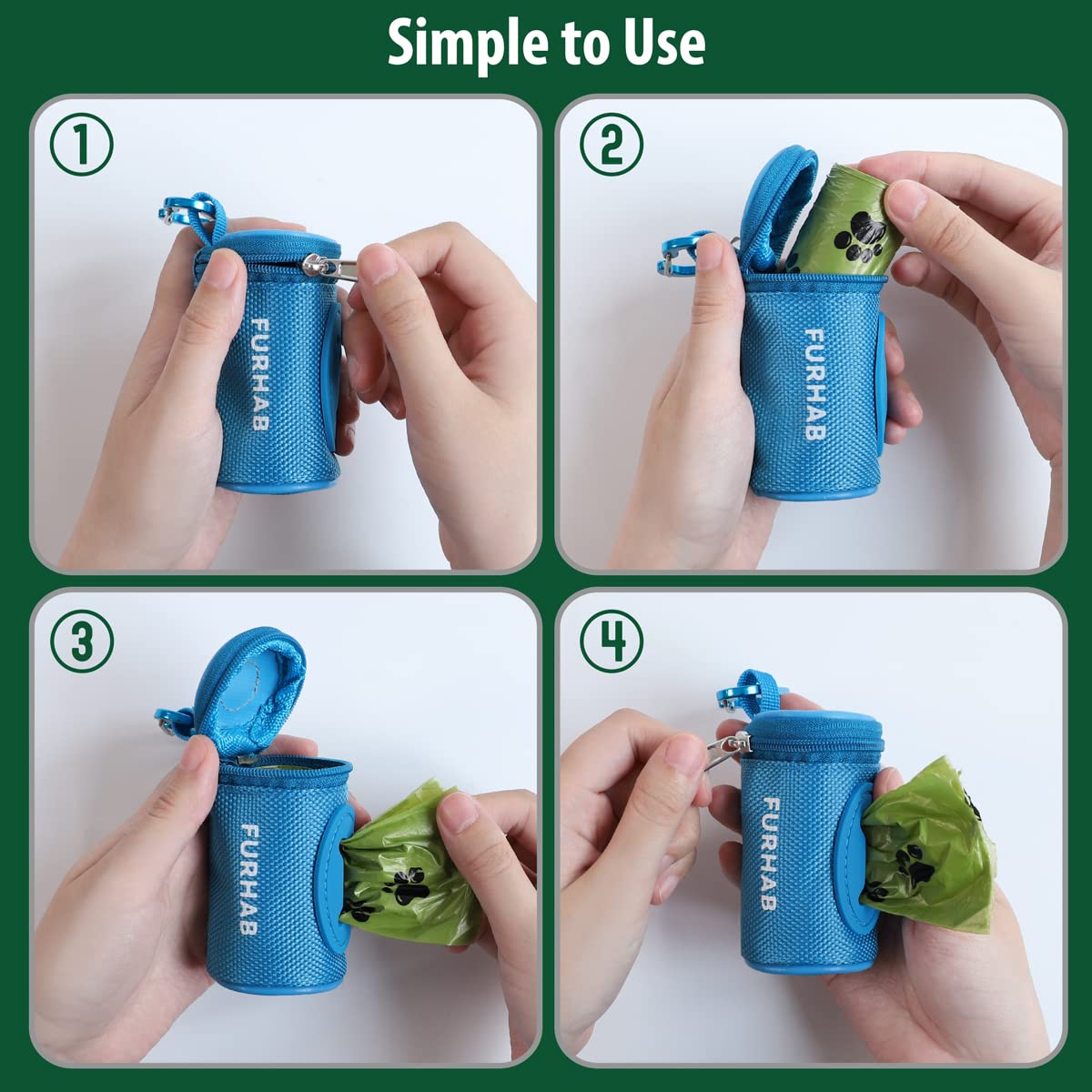 Furhab Dog Poop Bag Holder For Leash Doggie Waste Bag Dispenser Soft Fabric Puppy Potty Carrier Small Doggy Zipper Pouch With Carabiner Clip 1680D Nylon Oxford With 1 Roll Of Pet Trash Bags, Sky Blue