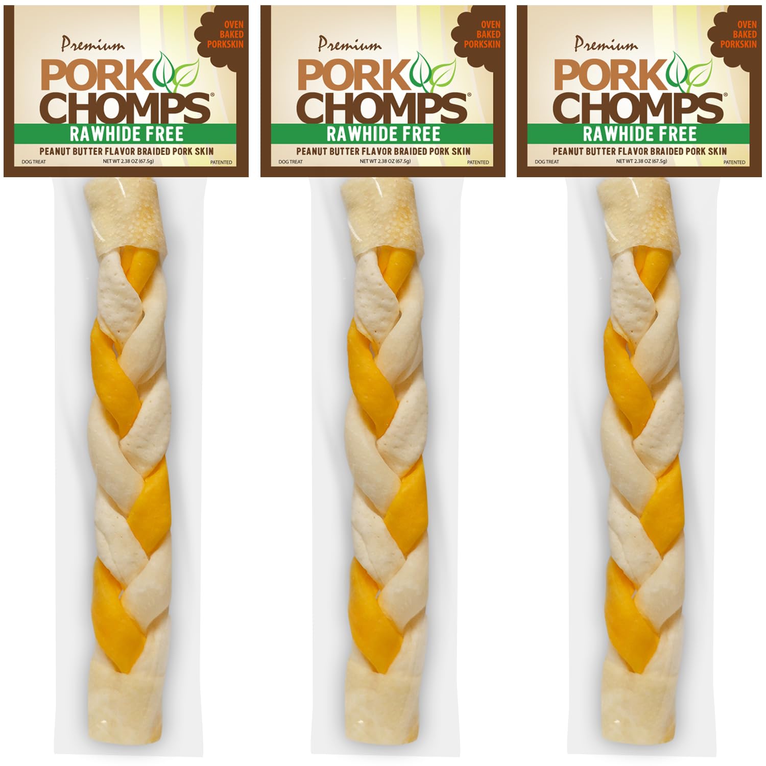 Pork Chomps Roasted Pork Skin Dog Chew, 8-inch Braid, Peanut Butter Flavor, 1 Count