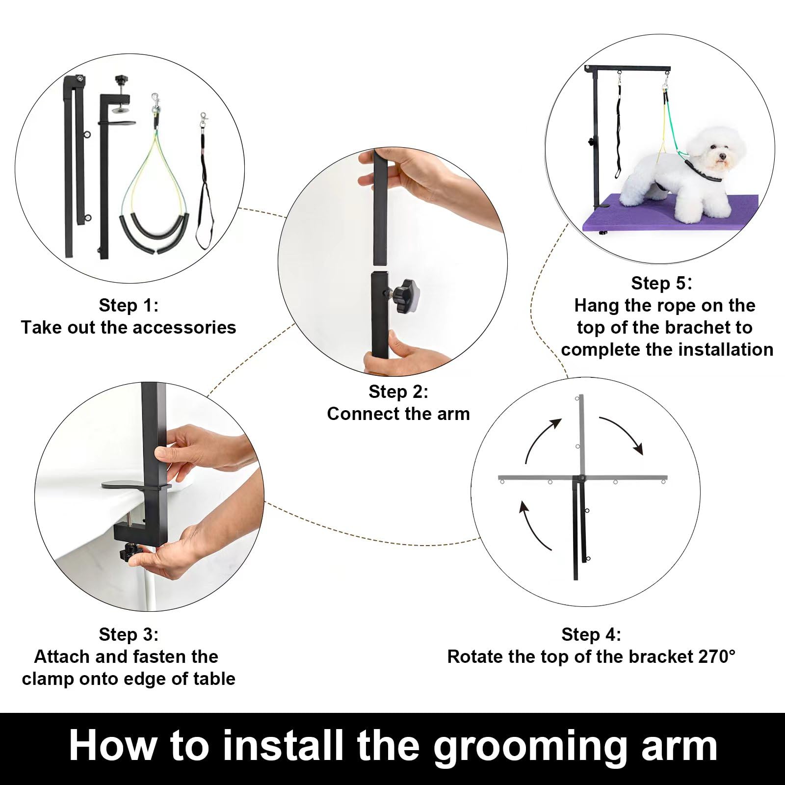 Adjustable Dog Grooming Arm With Clamp,2 No Sit Haunch Holder&Loop Noose,Adjustable Height,Foldable Dog Grooming Table Arm For S