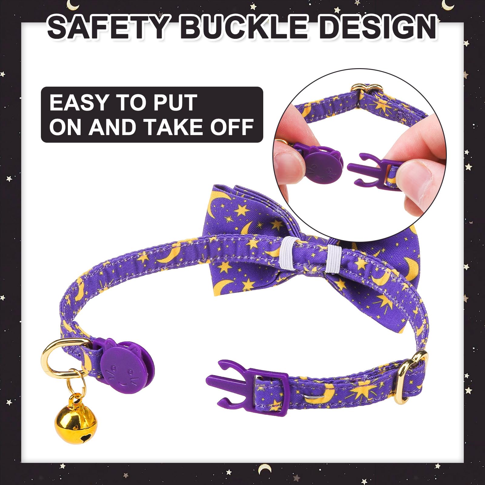 Expawlorer Breakaway Cat Collar With Bells- 2Pcs Adjustable With Bowtie For Girl Boy Kitten, Moon And Stars Pet Collar With Safe