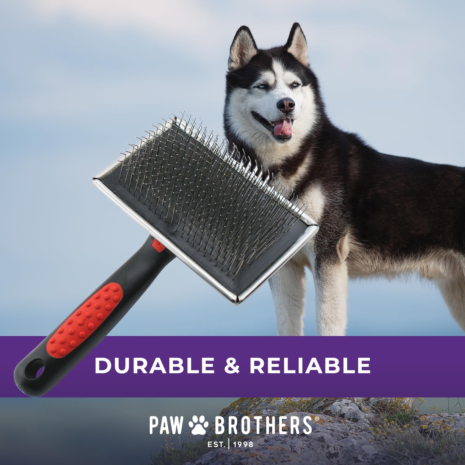 Paw Brothers Extra Long Pin Flat Slicker Brush For Dogs, Professional Grade, Removes Loose Fur And Tangles, Tuffer Than Tangles, Removes Undercoat, Dog Grooming Brush, Ergonomic Handle, Large