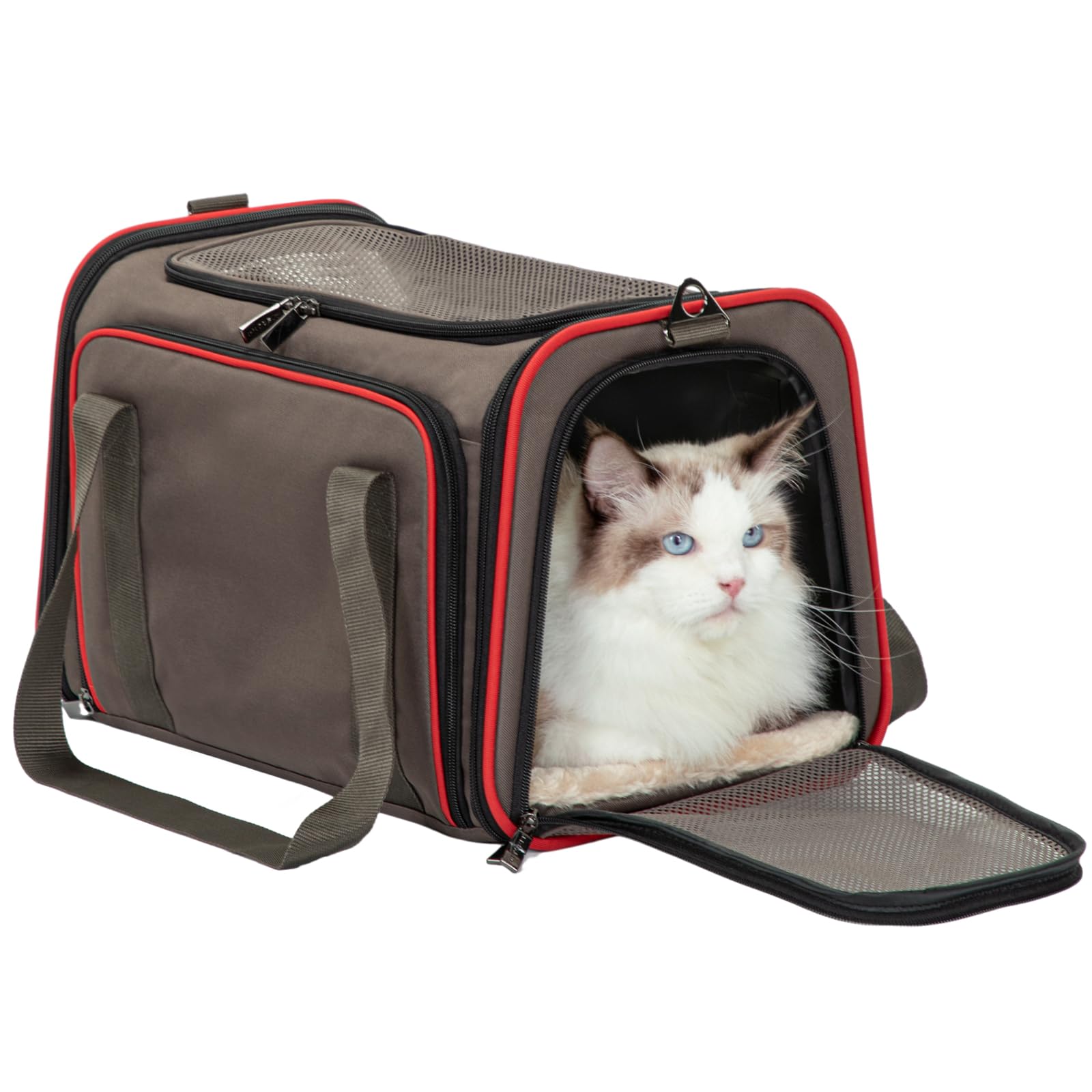 Petsfit Expandable Cat Carrier Dog Carriers,Airline Approved Soft-Sided Portable Pet Travel Washable Carrier For Kittens,Puppies,Removable Soft Plush Mat And Pockets,Locking Safety Zippers