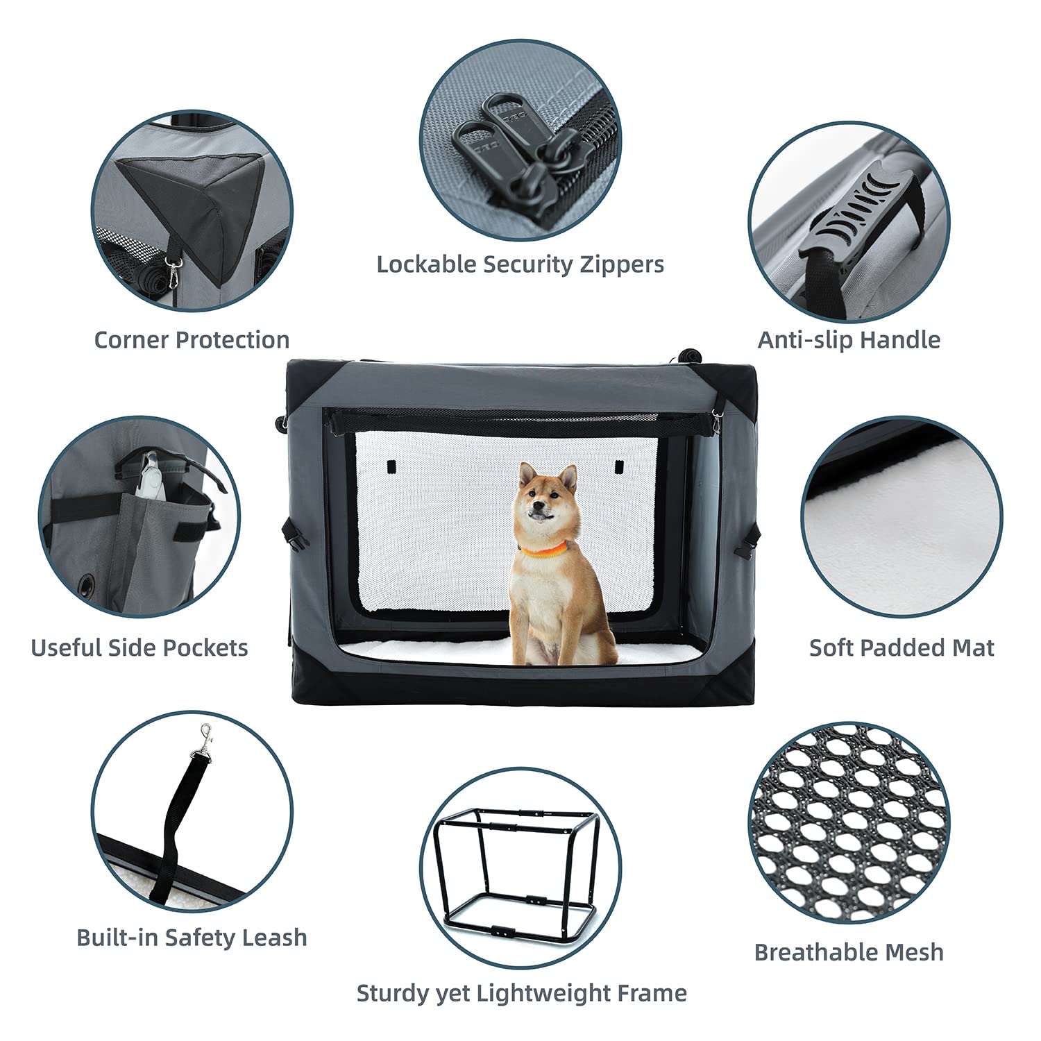 Pettycare 36 Inch Collapsible Crate For Large Dogs, 4-Door Foldable Soft Kennel With Chew Proof Mesh Windows For Indoor & Outdoor Travel