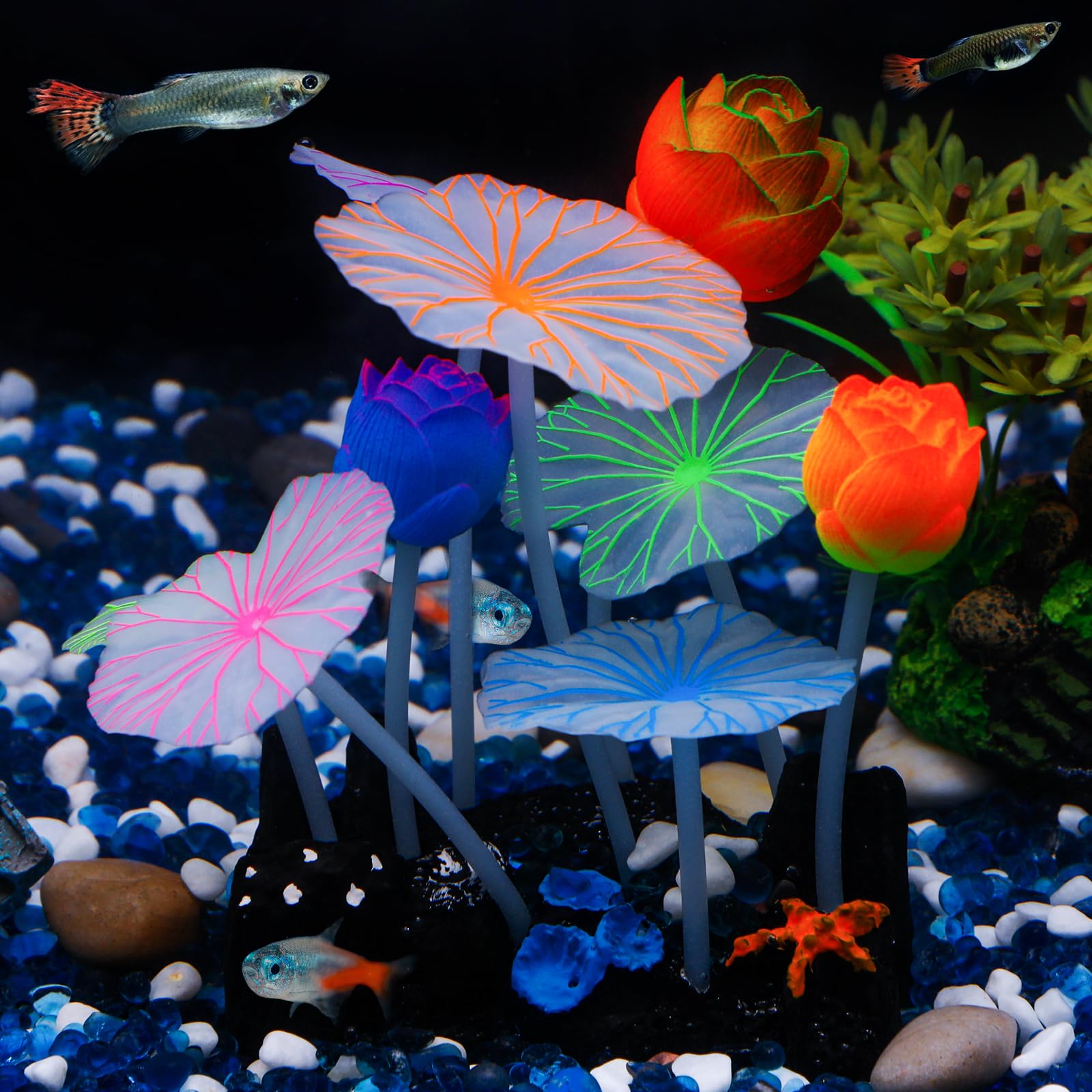 Uniclife Glowing Effect Lotus Ornament Silicone Decor Aquarium Decoration for Fish Tank with Suction Cup