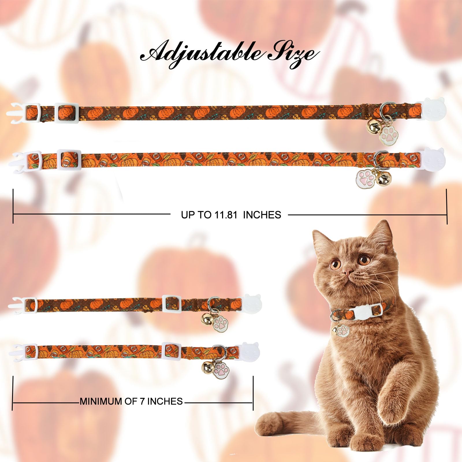 Unique Style Paws Pumpkin Kitten Collar,2 Pack Halloween Cat Collar With Bell & Cute Paw Pendant,Adjustable Orange Pumpkin Kitte