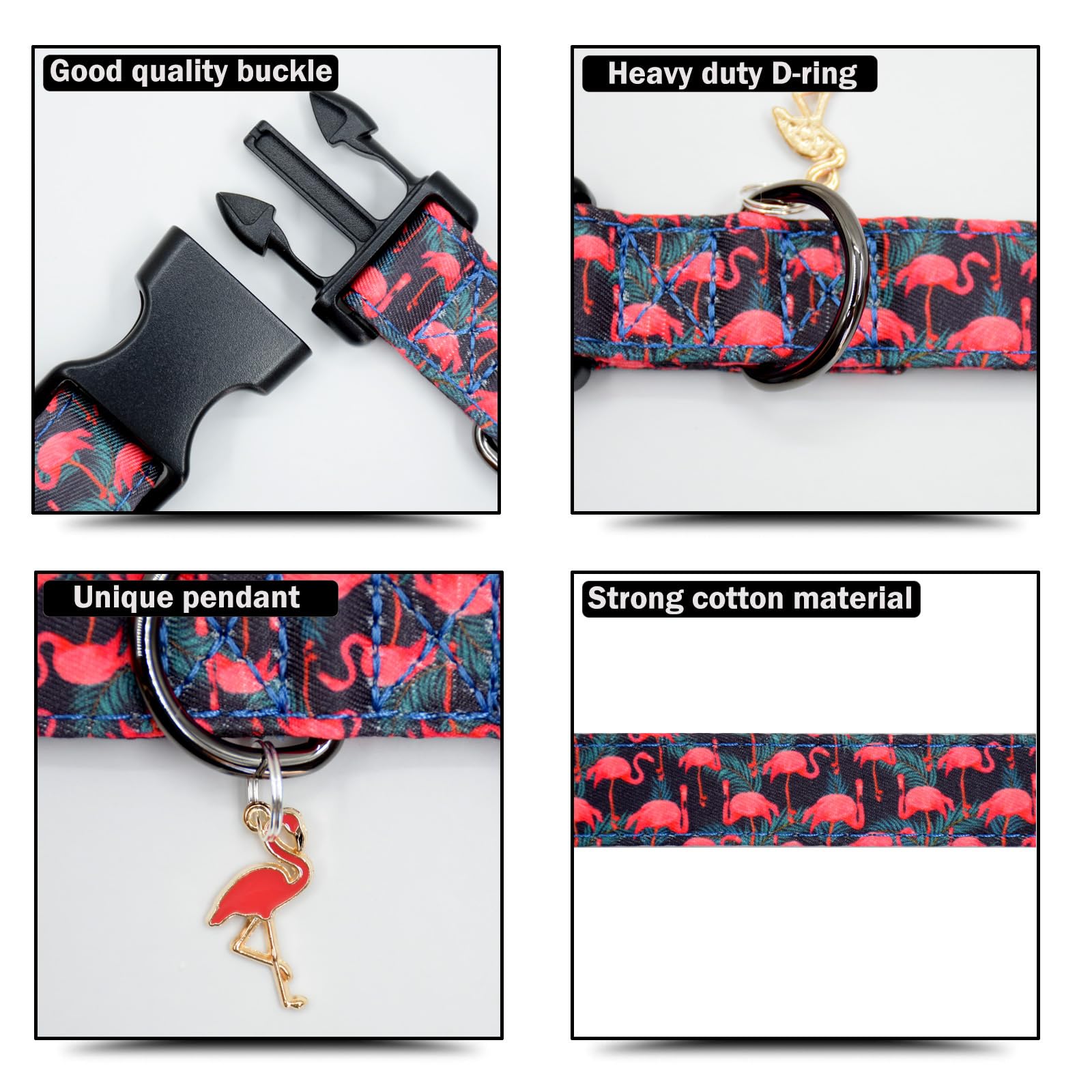Flamingoes Patterns Dog Collar With Pendant, Durable And Soft Cotton Dog Collars For Small Large Female And Male Dogs Pets(Flami