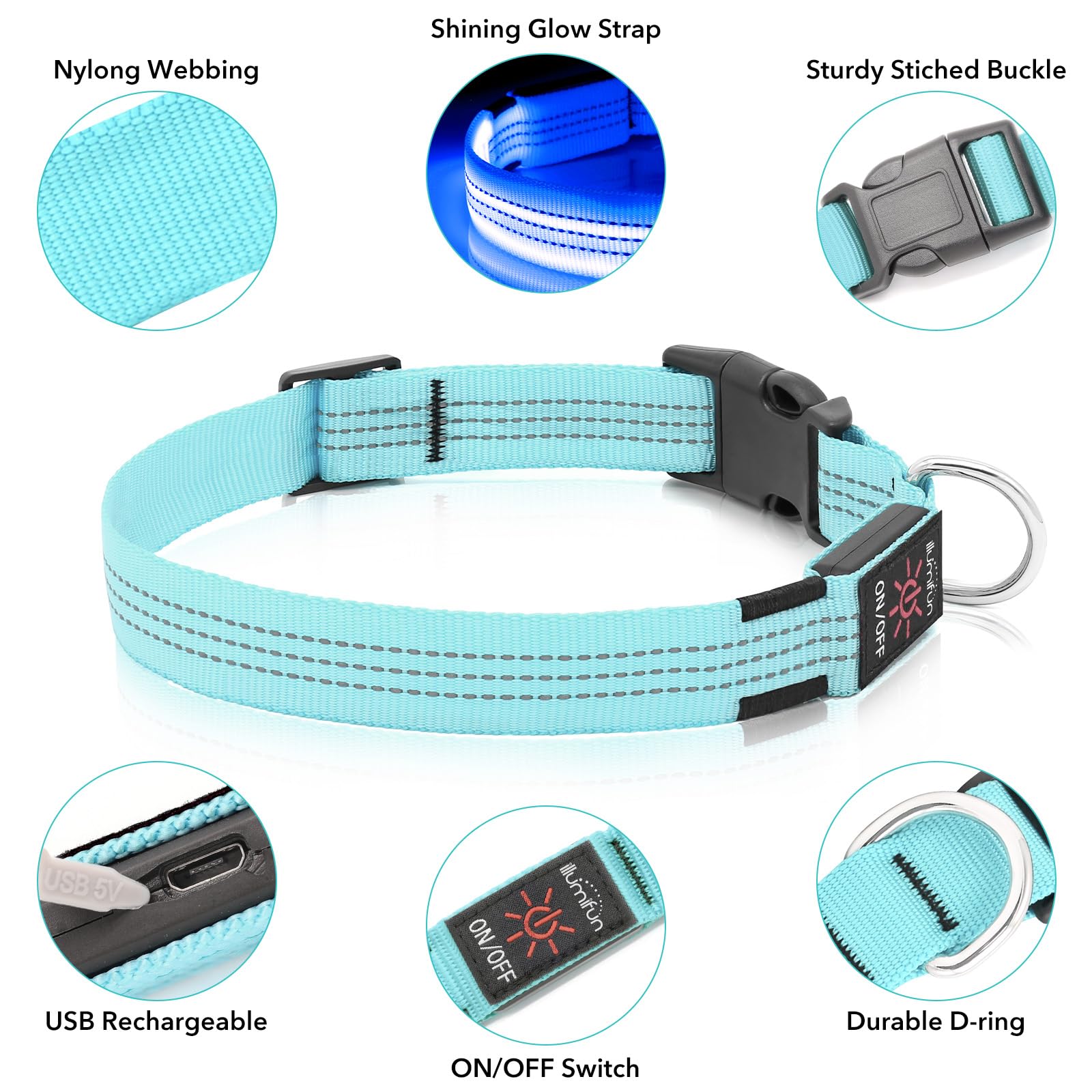 Illumifun Led Dog Collar - Usb Rechargeable Dog Light Up Collar, Reflective Pet Collar Light Glow In The Dark (Blue?, Medium)