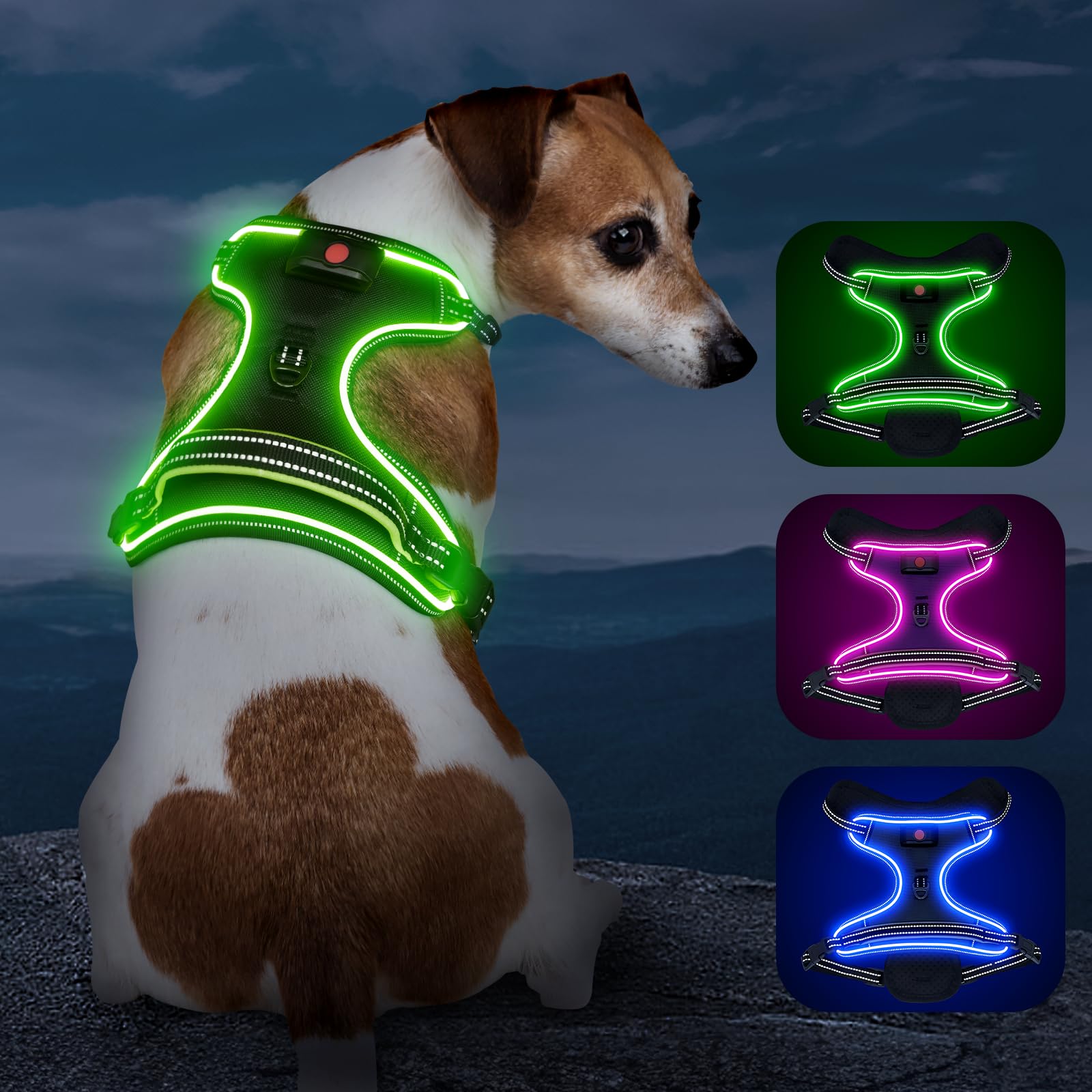 Light Up Dog Harness No Pull Led Dog Harness With Handle Vizbrite Rechargeable Lighted Dog Vest Harness For Small/Medium/Large/X-Large Size Dogs No Pull, 4 Point Adjustable Dog Harness Black-Green